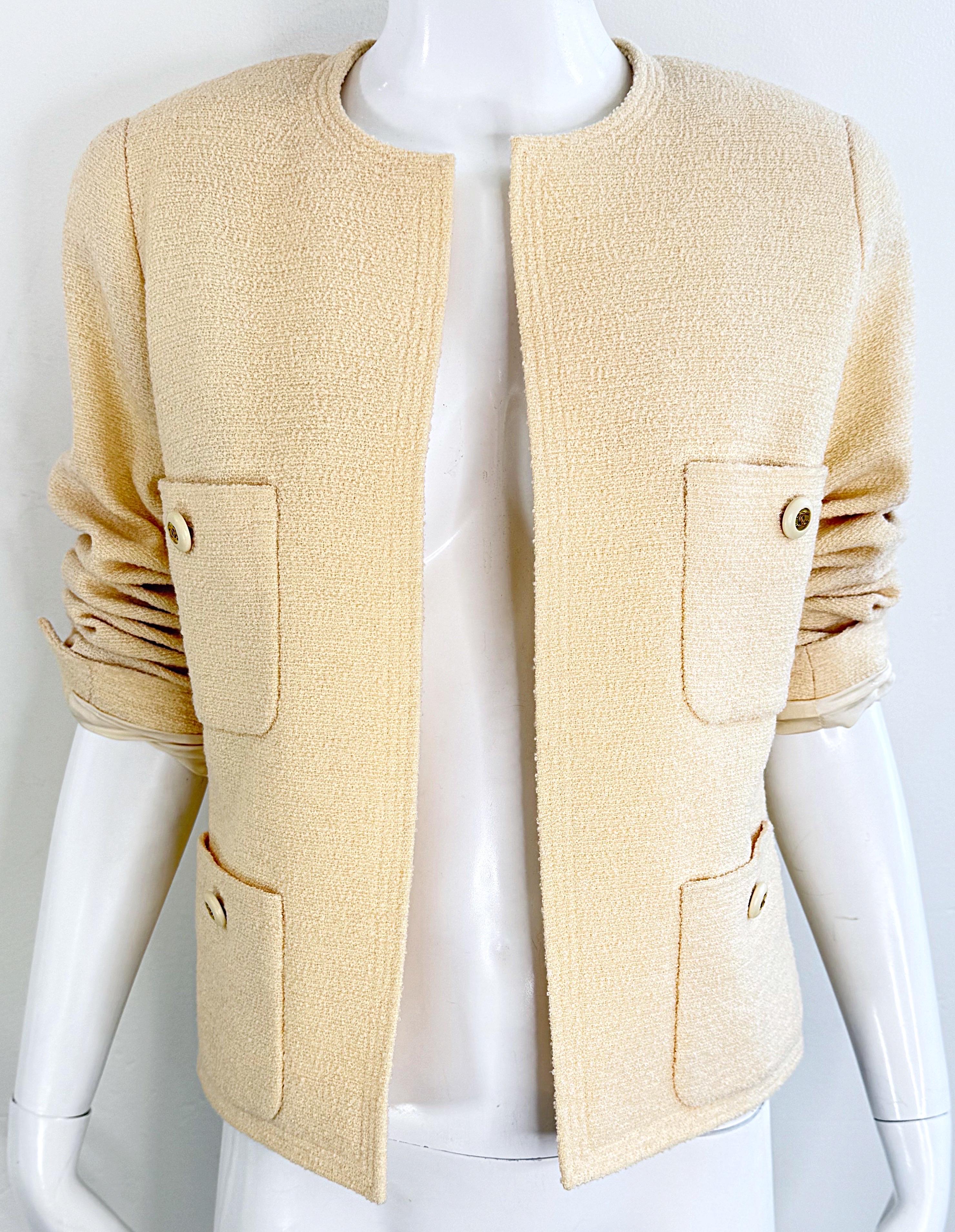 Vintage Chanel 1990s Karl Lagerfeld Ivory Off White 90s Jacket Blazer CC Buttons For Sale 1