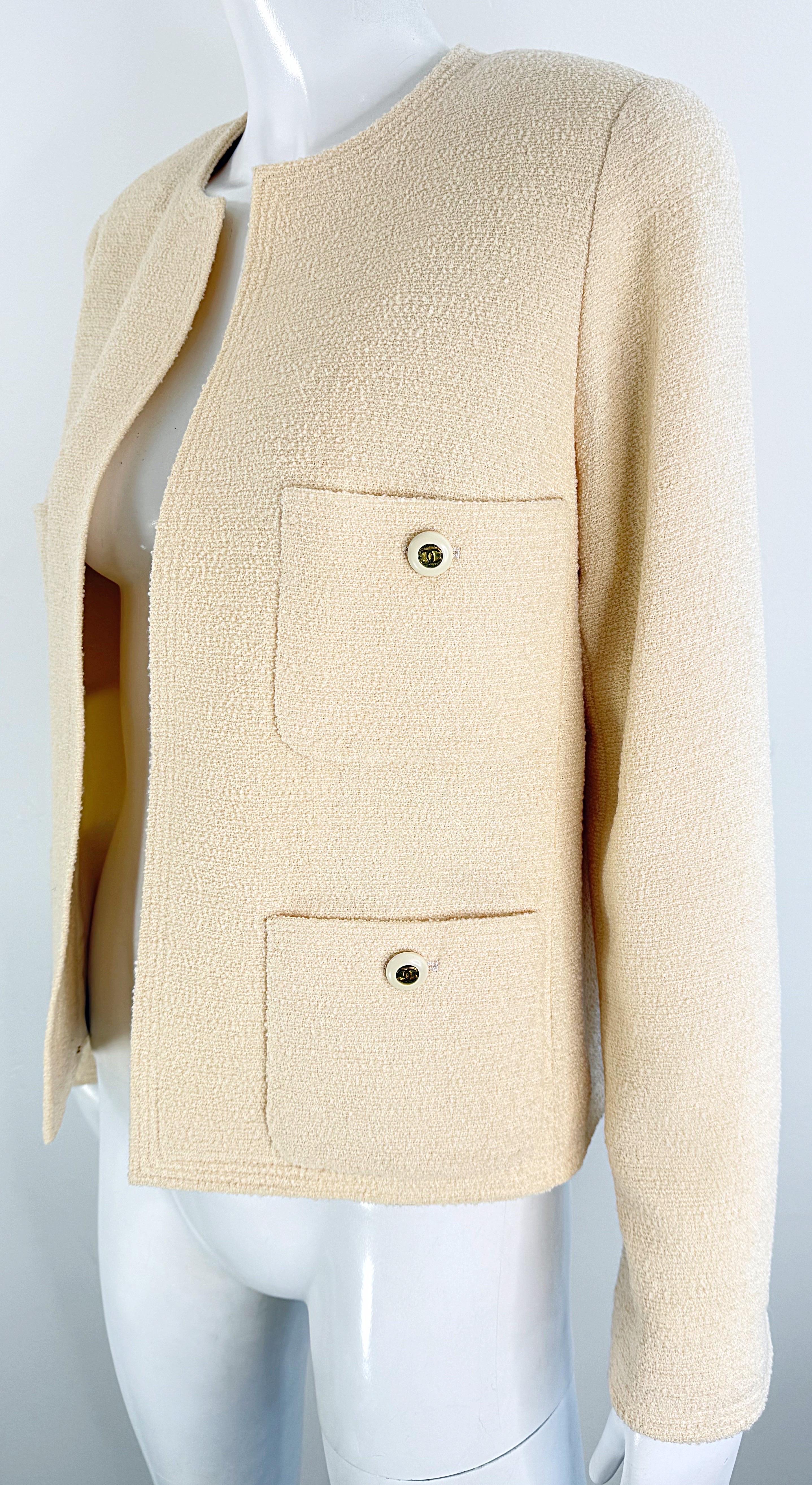 Vintage Chanel 1990s Karl Lagerfeld Ivory Off White 90s Jacket Blazer CC Buttons For Sale 2