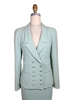 Vintage Chanel 1990s Mint Green Bouclé Double Breasted Skirt Suit FR 34