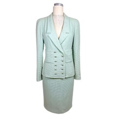 Vintage Chanel 1990s Mint Green Bouclé Double Breasted Skirt Suit FR 34