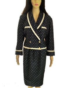 Vintage Chanel 1990's Navy & Ecru Diamond Jacket & Skirt Suit FR 40/ US 8