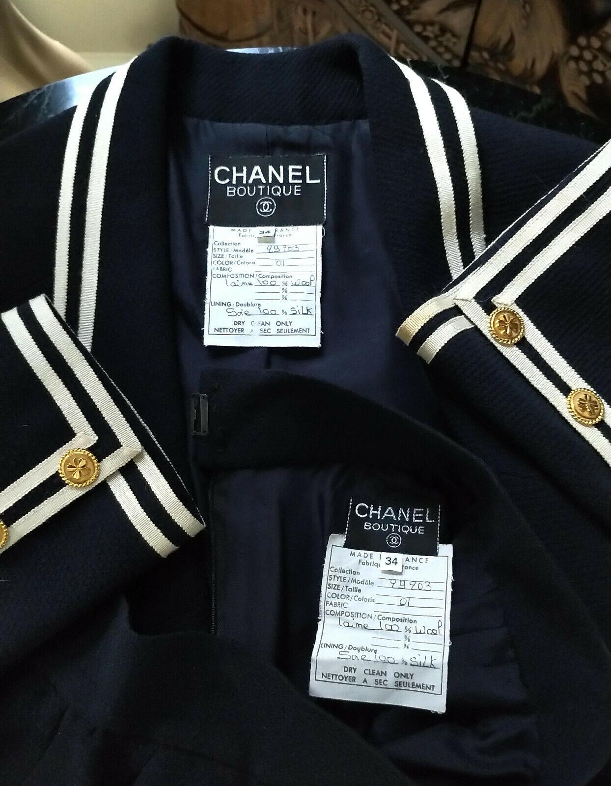 Vintage Chanel 1990's Navy & Ivory Grosgrain Jacket & Skirt Suit FR 34/ US 2 4 For Sale 4