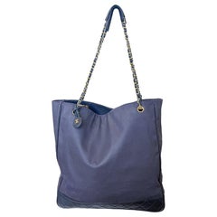 Vintage Chanel 1990s Navy Nylon Canvas & Leather 90s Tote with Gold Chain Straps