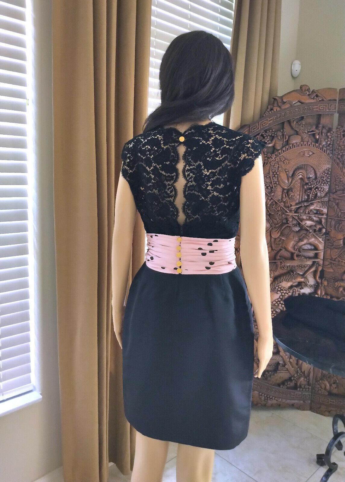 Vintage Chanel 1990's Pink & Black Polka Dot Lace & Taffeta Dress FR 38/ US 6 In Excellent Condition For Sale In Ormond Beach, FL