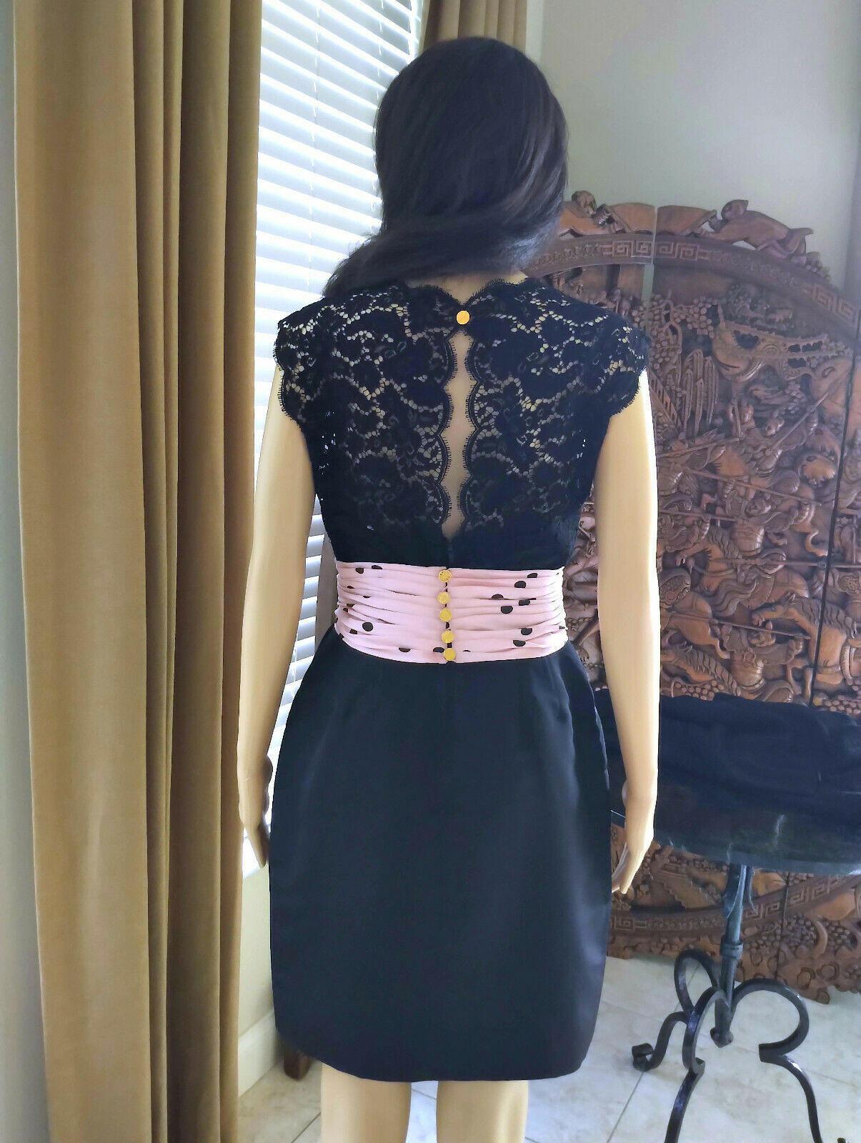 Women's Vintage Chanel 1990's Pink & Black Polka Dot Lace & Taffeta Dress FR 38/ US 6 For Sale