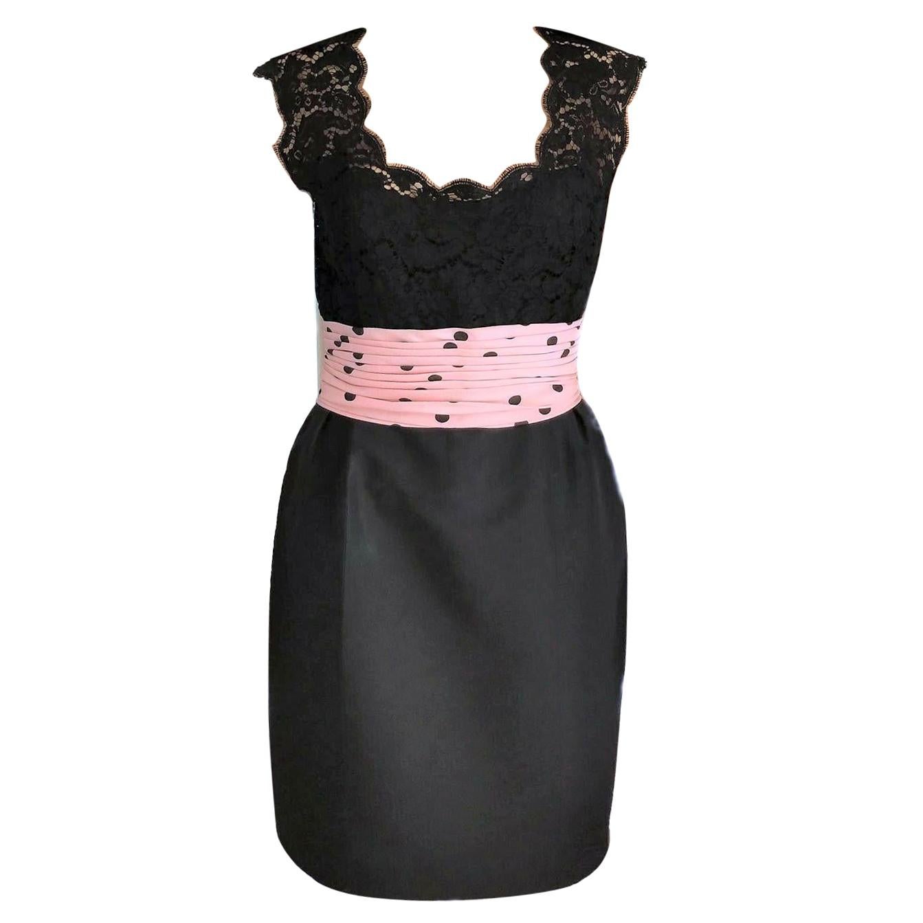 Vintage Chanel 1990's Pink & Black Polka Dot Lace & Taffeta Dress FR 38/ US 6 For Sale