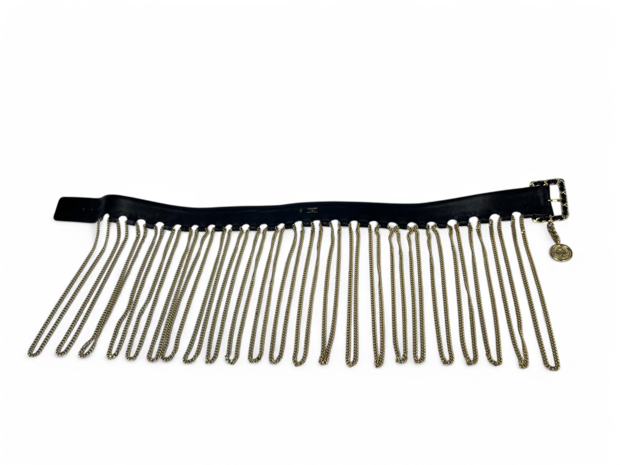 Vintage Chanel 1991 A/W Leather Multi Chain Drape Belt Fringe Skirt For Sale 5