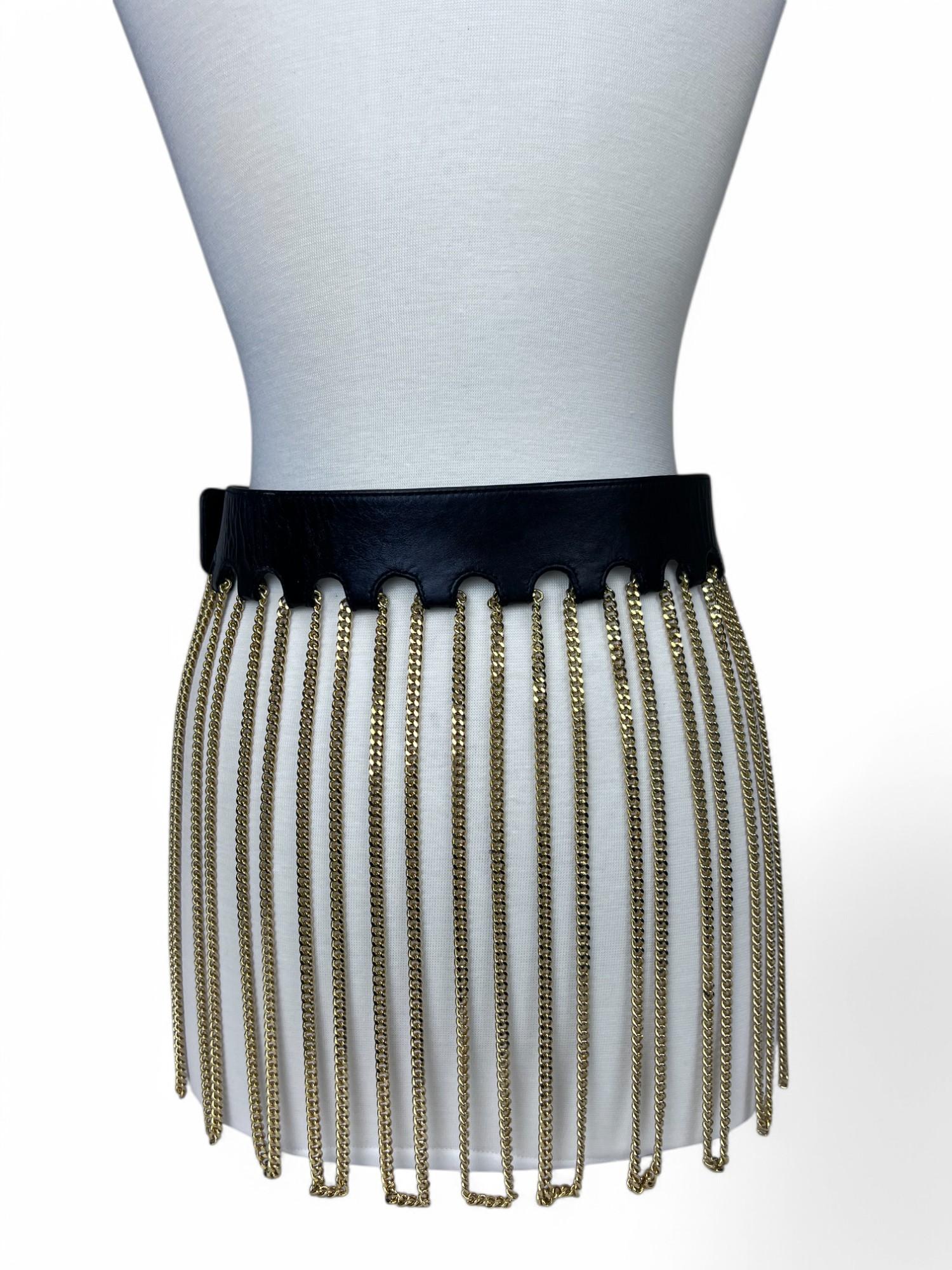 Women's Vintage Chanel 1991 A/W Leather Multi Chain Drape Belt Fringe Skirt For Sale