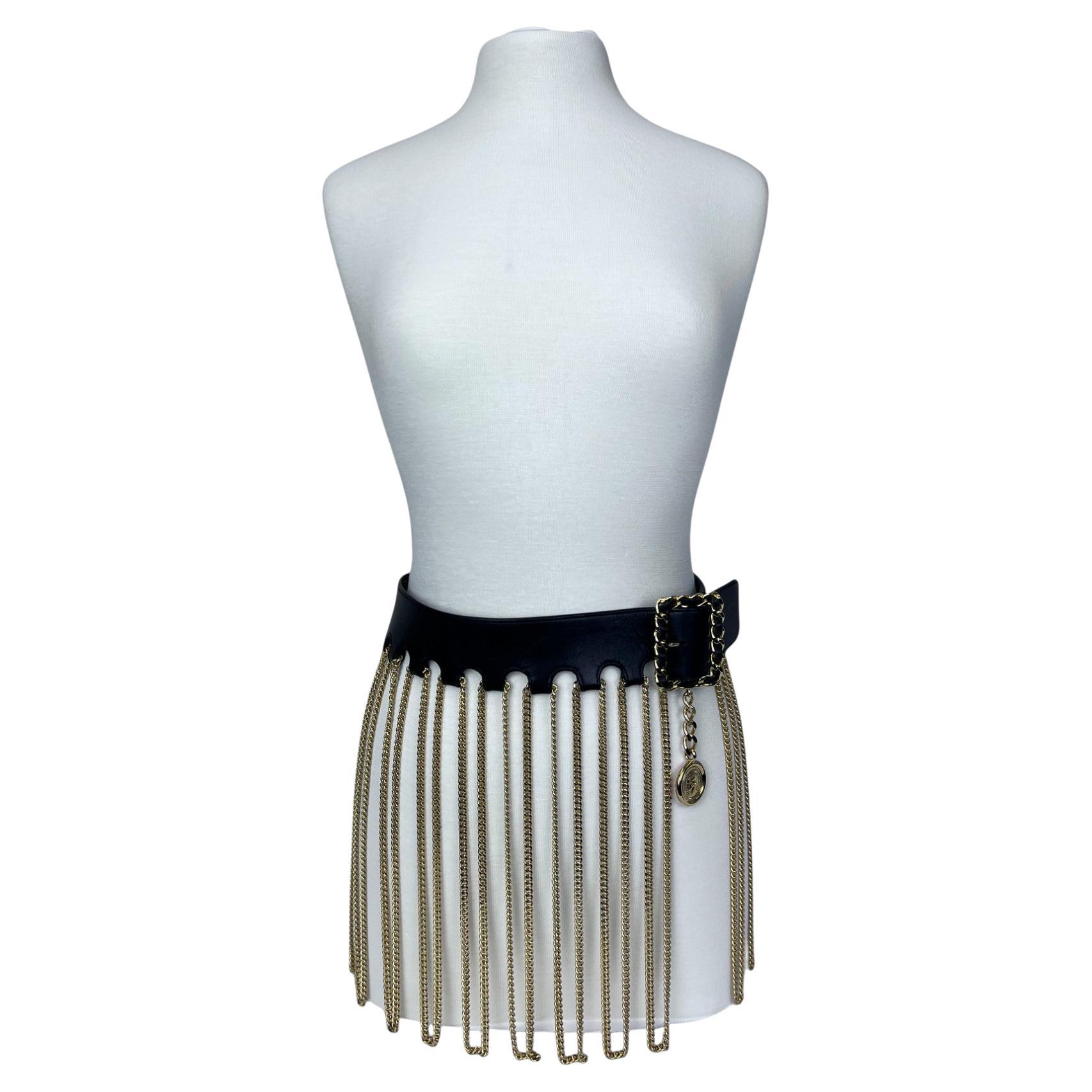Vintage Chanel 1991 A/W Leather Multi Chain Drape Belt Fringe Skirt For Sale