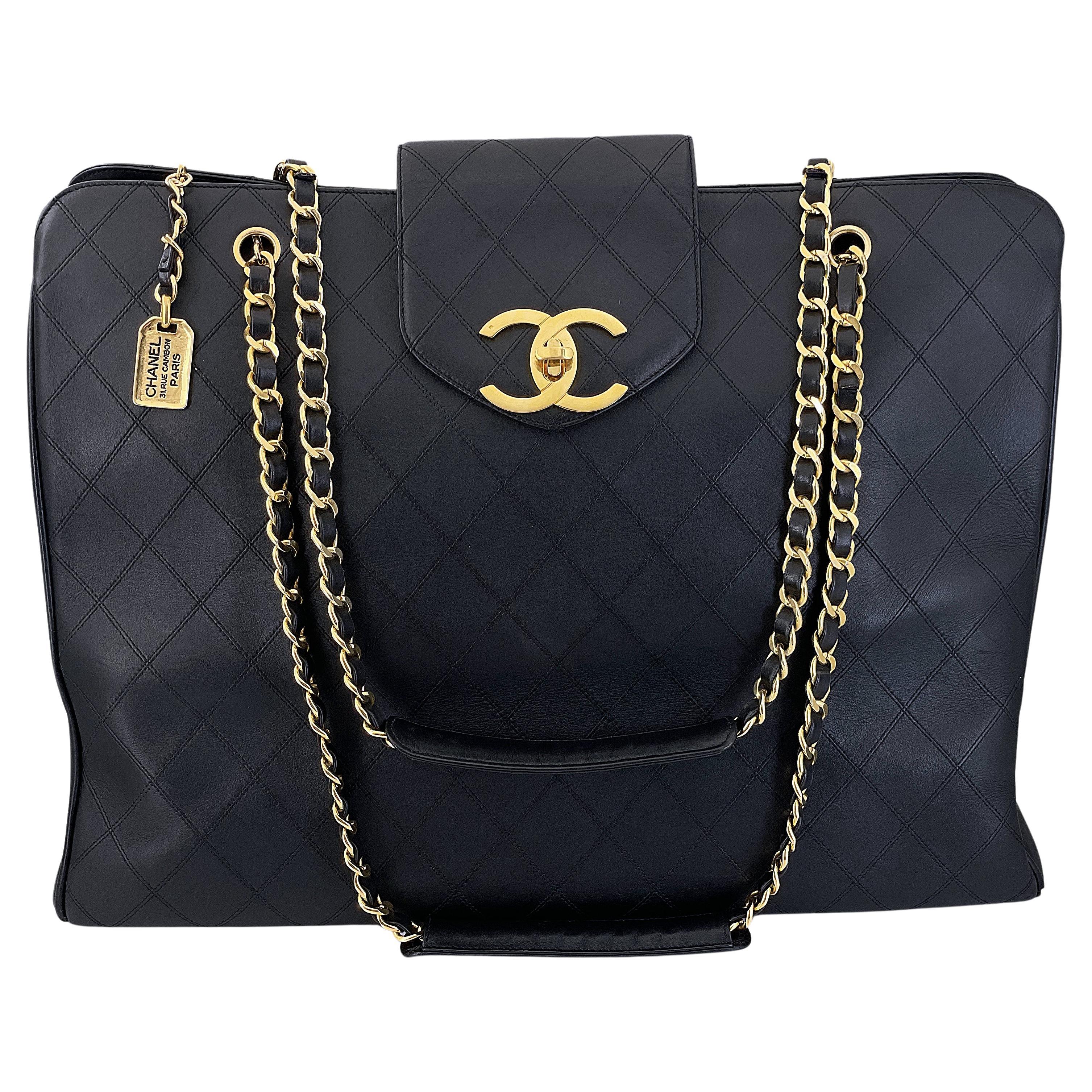Vintage Chanel 1994 Black Quilted Supermodel XL Weekender Tote Bag 24k GHW 67419 For Sale