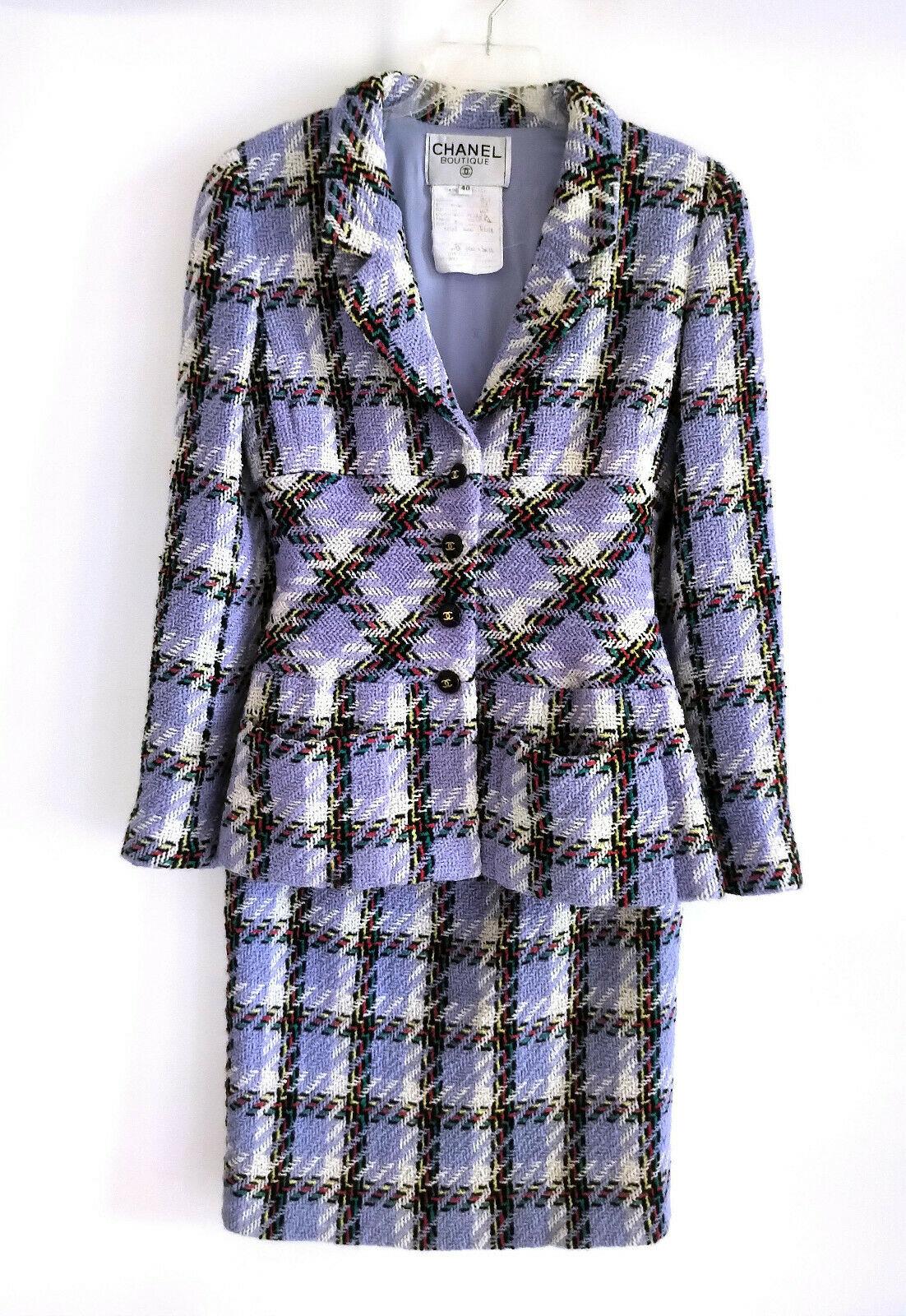 Vintage Chanel 1995 95P bleu lavande fantaisie Tweed veste jupe costume FR 38 US 6 9