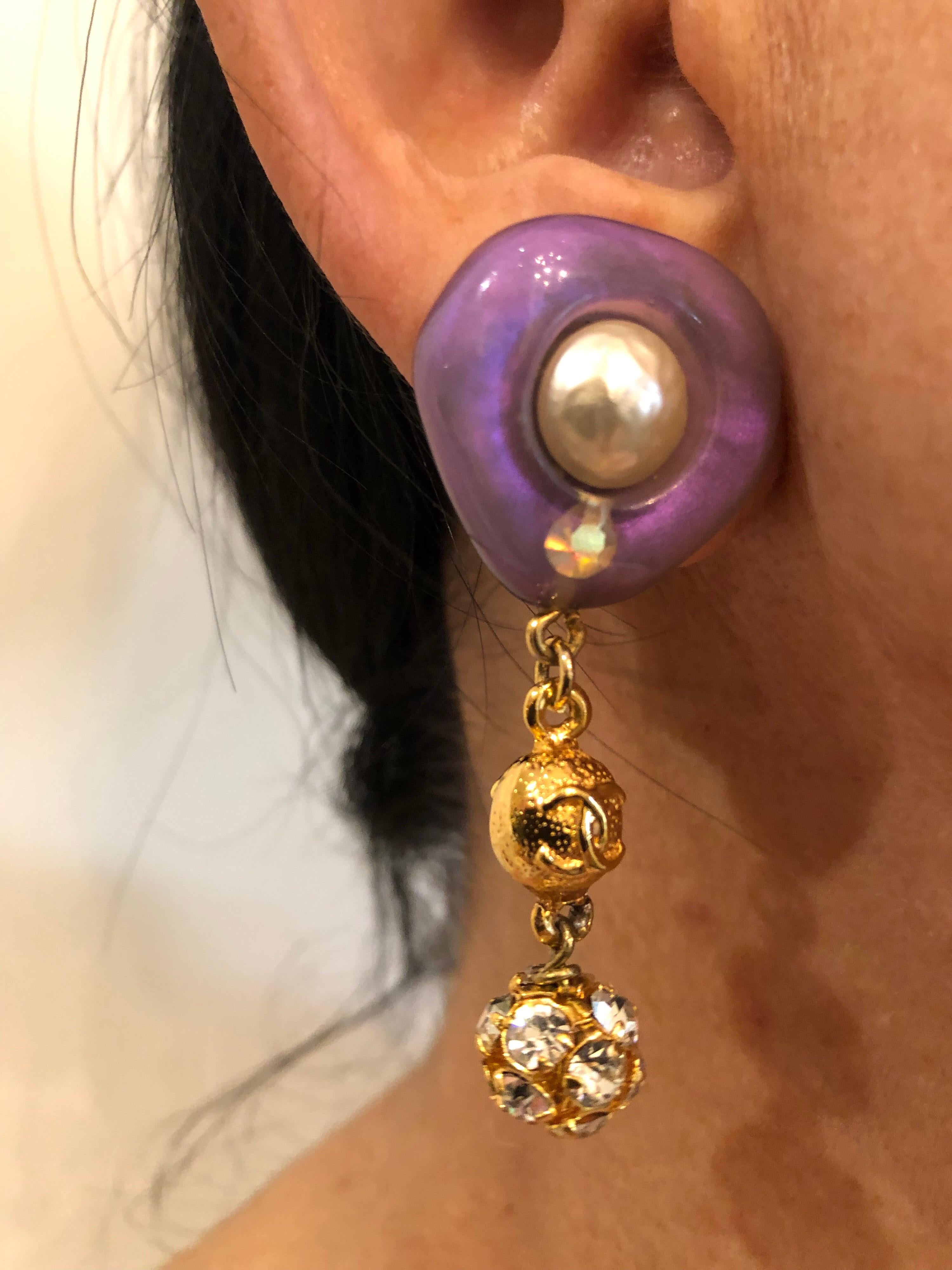 Vintage Coco Chanel 1996 cruise collection lavender faux pearl statement earrings - the important earrings feature the late Karl Lagerfeld's approach to modernizing the house of Chanel in the 1990s by adding whimsy and pastel colors in his