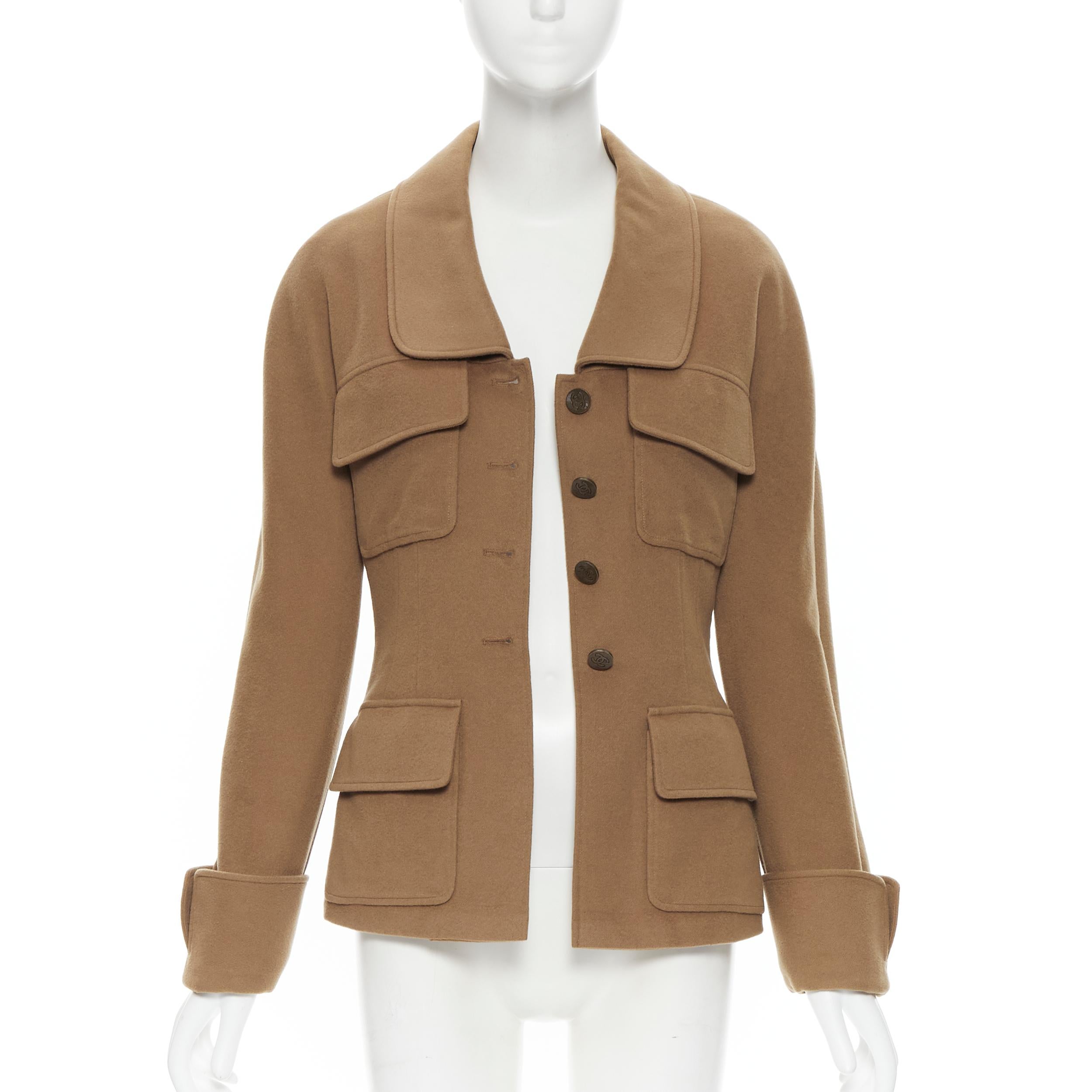 Brown vintage CHANEL 1998 100% cashmere military green 4-pocket CC blazer jacket FR36