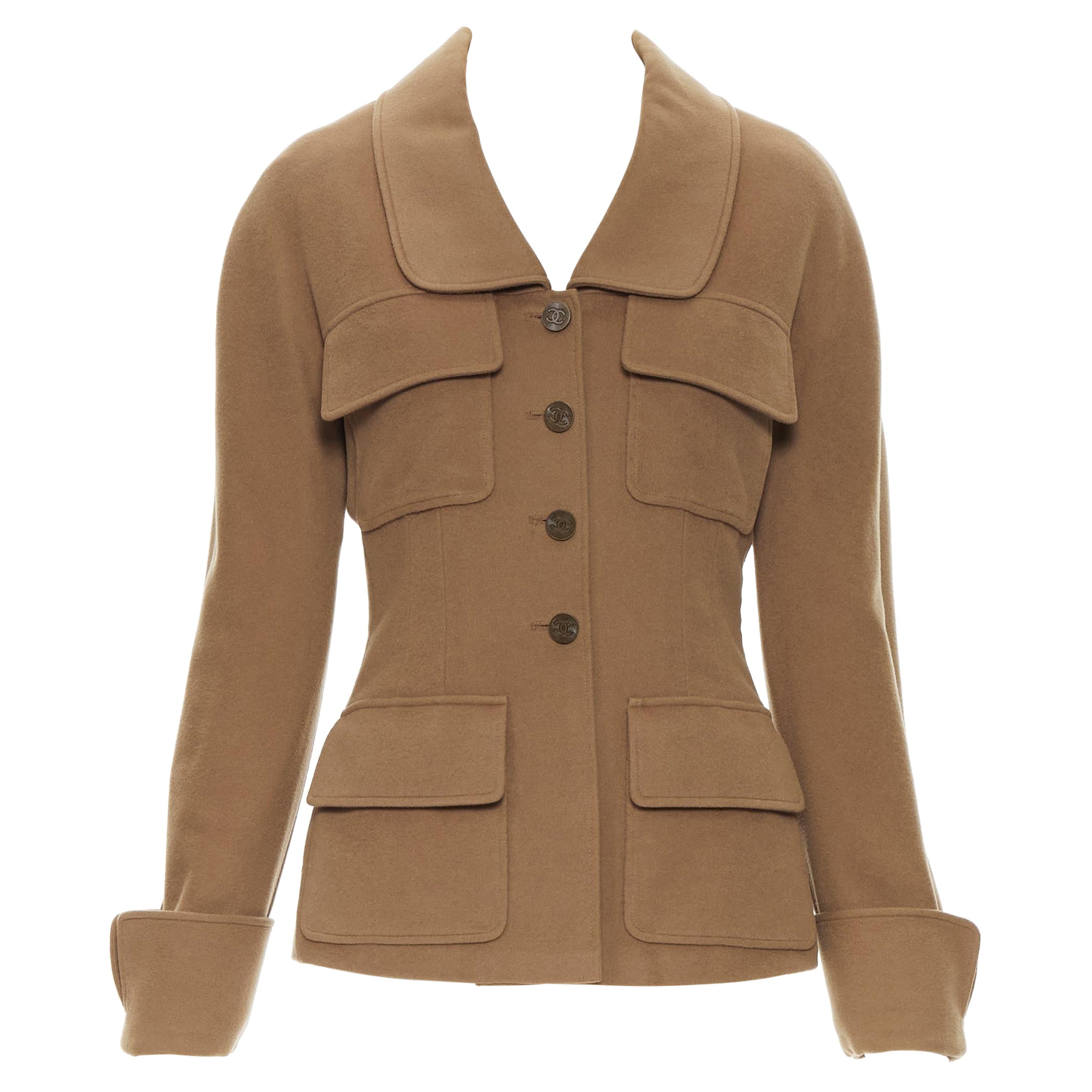 vintage CHANEL 1998 100% cachemira verde militar chaqueta blazer CC 4 bolsillos FR36