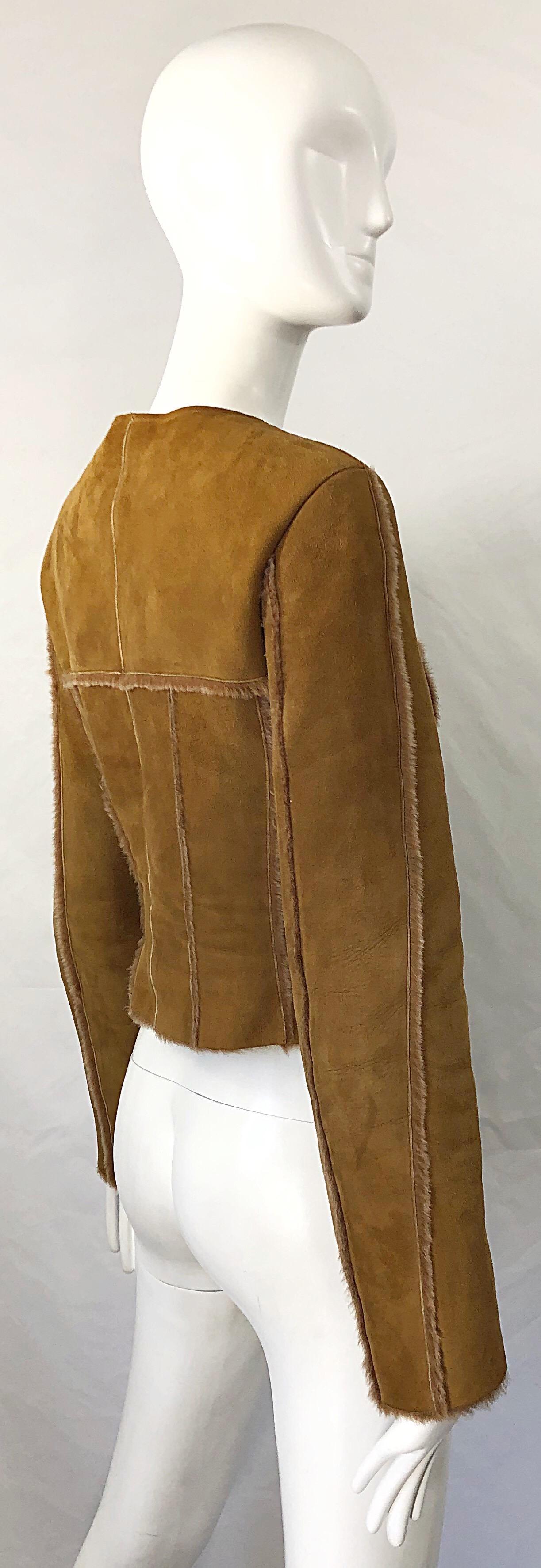 Vintage Chanel 1999 Tan Suede Sheepskin Fur Size 38 Brown Cropped 90s Jacket  3