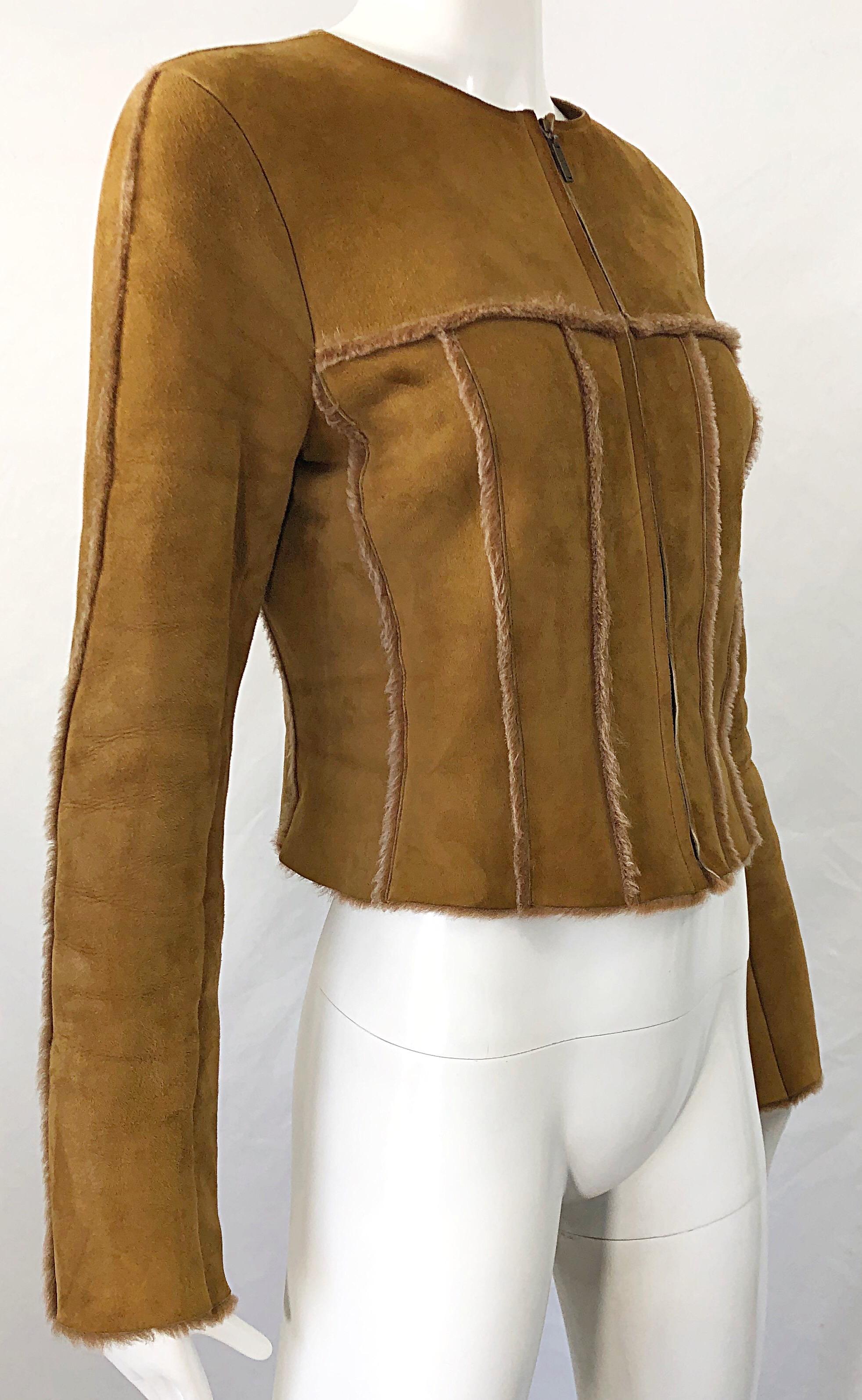 Vintage Chanel 1999 Tan Suede Sheepskin Fur Size 38 Brown Cropped 90s Jacket  4