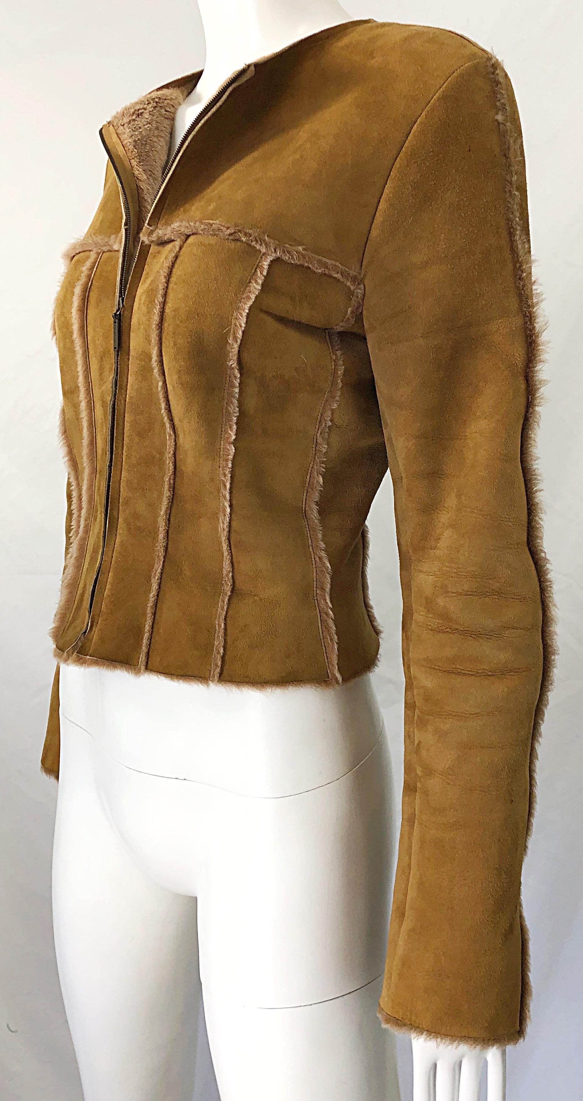 Vintage Chanel 1999 Tan Suede Sheepskin Fur Size 38 Brown Cropped 90s Jacket  5