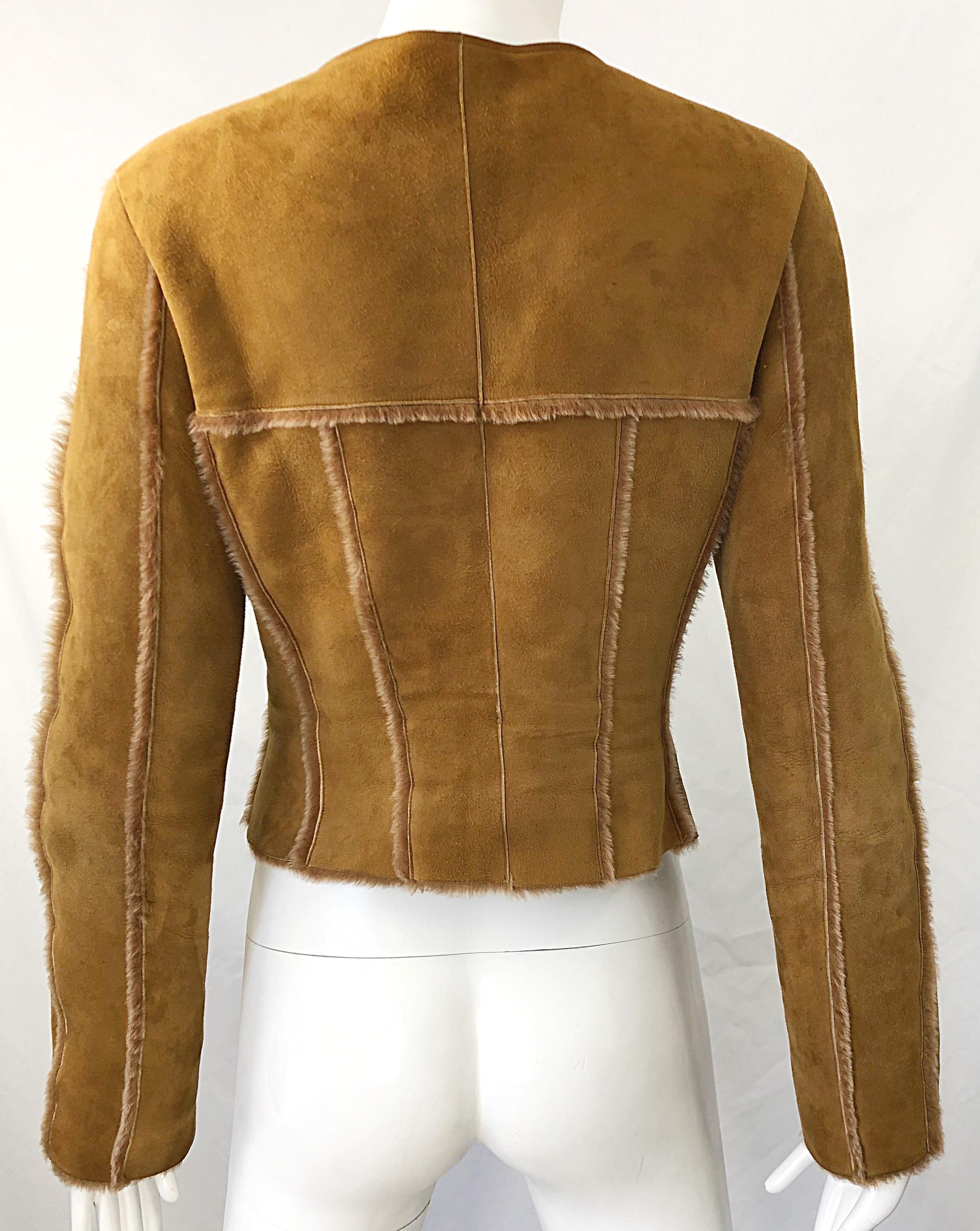 Vintage Chanel 1999 Tan Suede Sheepskin Fur Size 38 Brown Cropped 90s Jacket  7