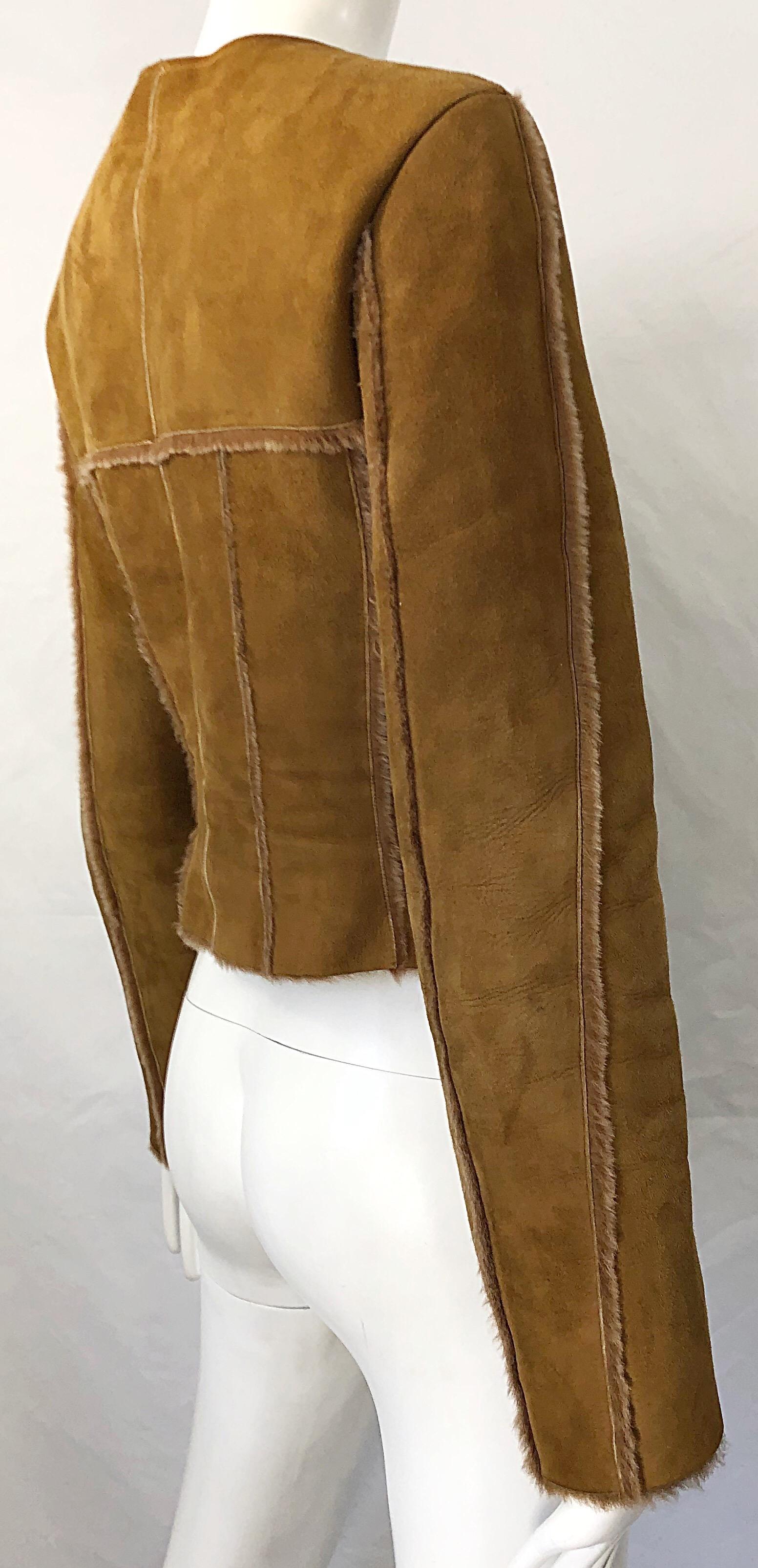 Vintage Chanel 1999 Tan Suede Sheepskin Fur Size 38 Brown Cropped 90s Jacket  8