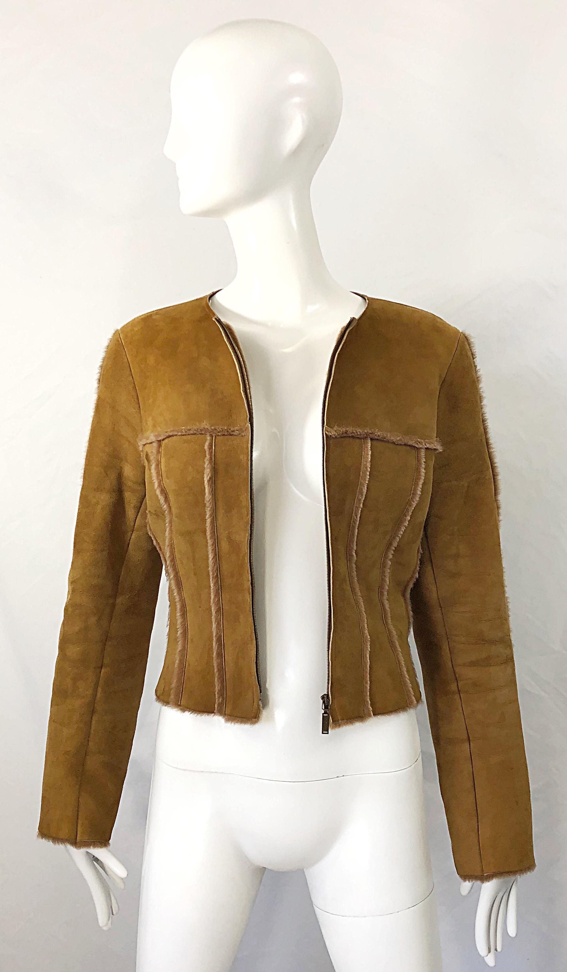 Vintage Chanel 1999 Tan Suede Sheepskin Fur Size 38 Brown Cropped 90s Jacket  9