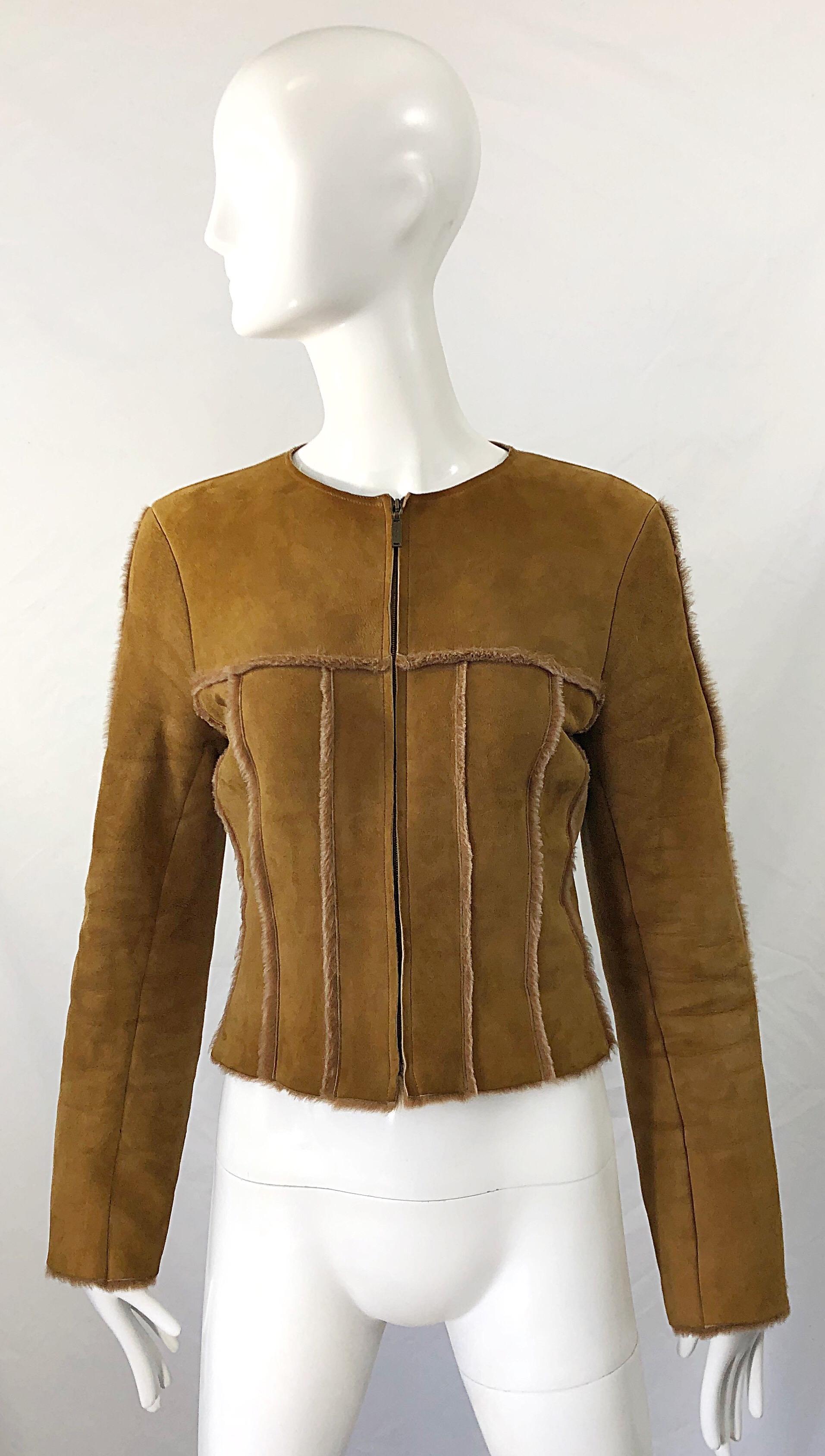 Vintage Chanel 1999 Tan Suede Sheepskin Fur Size 38 Brown Cropped 90s Jacket  In Excellent Condition In San Diego, CA