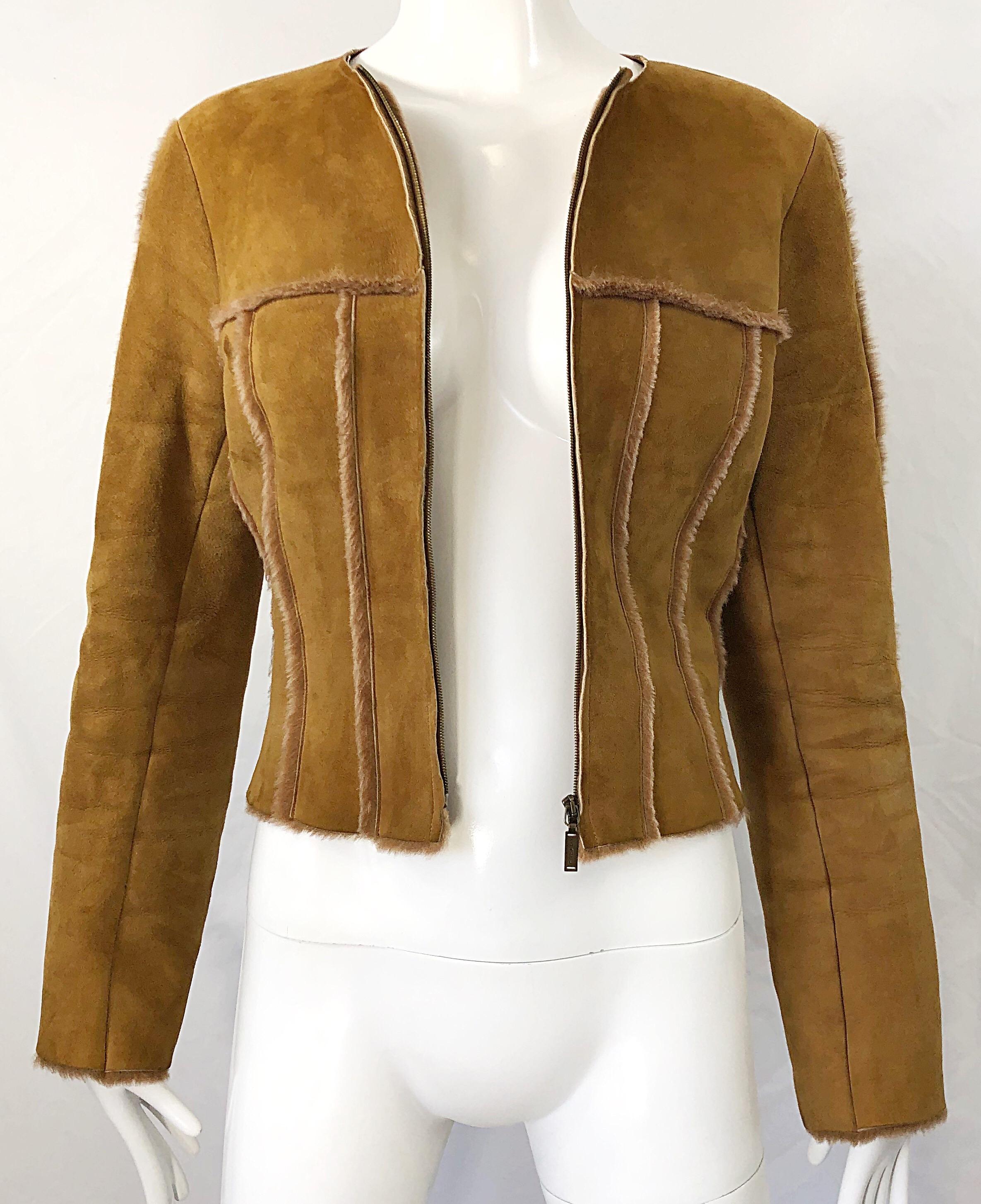 Women's Vintage Chanel 1999 Tan Suede Sheepskin Fur Size 38 Brown Cropped 90s Jacket 