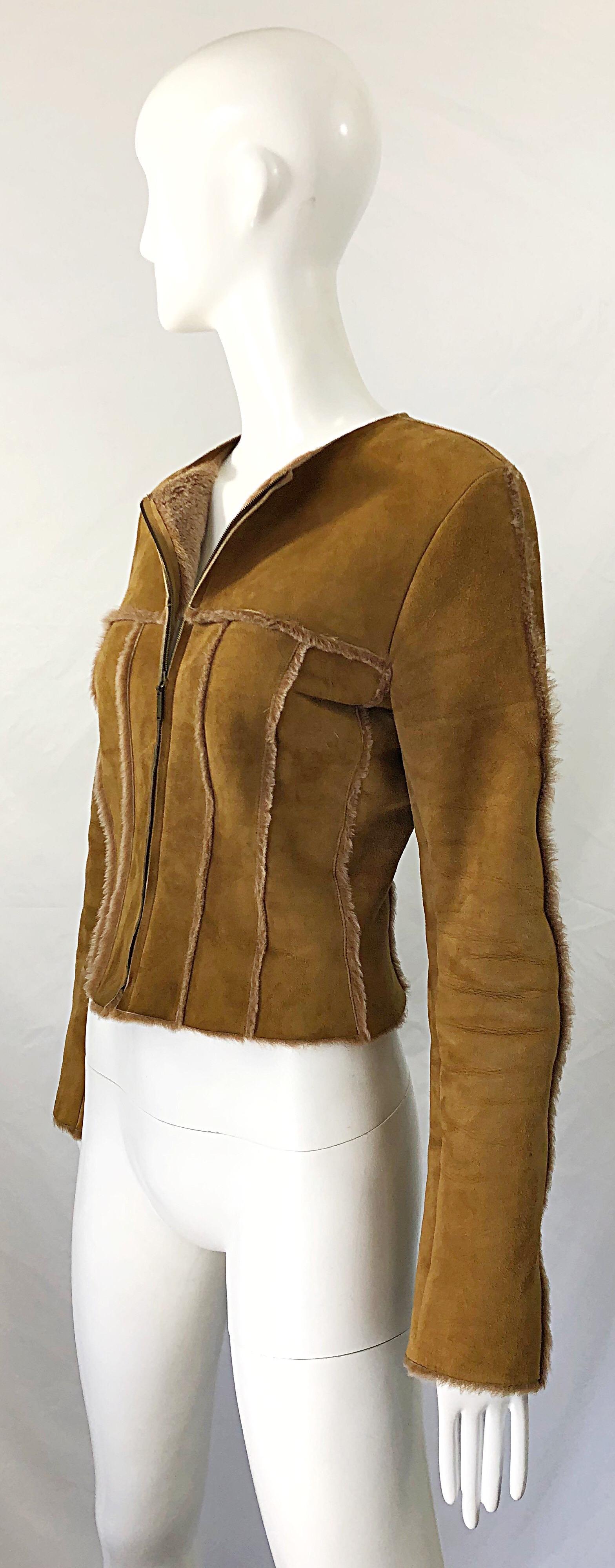 Vintage Chanel 1999 Tan Suede Sheepskin Fur Size 38 Brown Cropped 90s Jacket  2