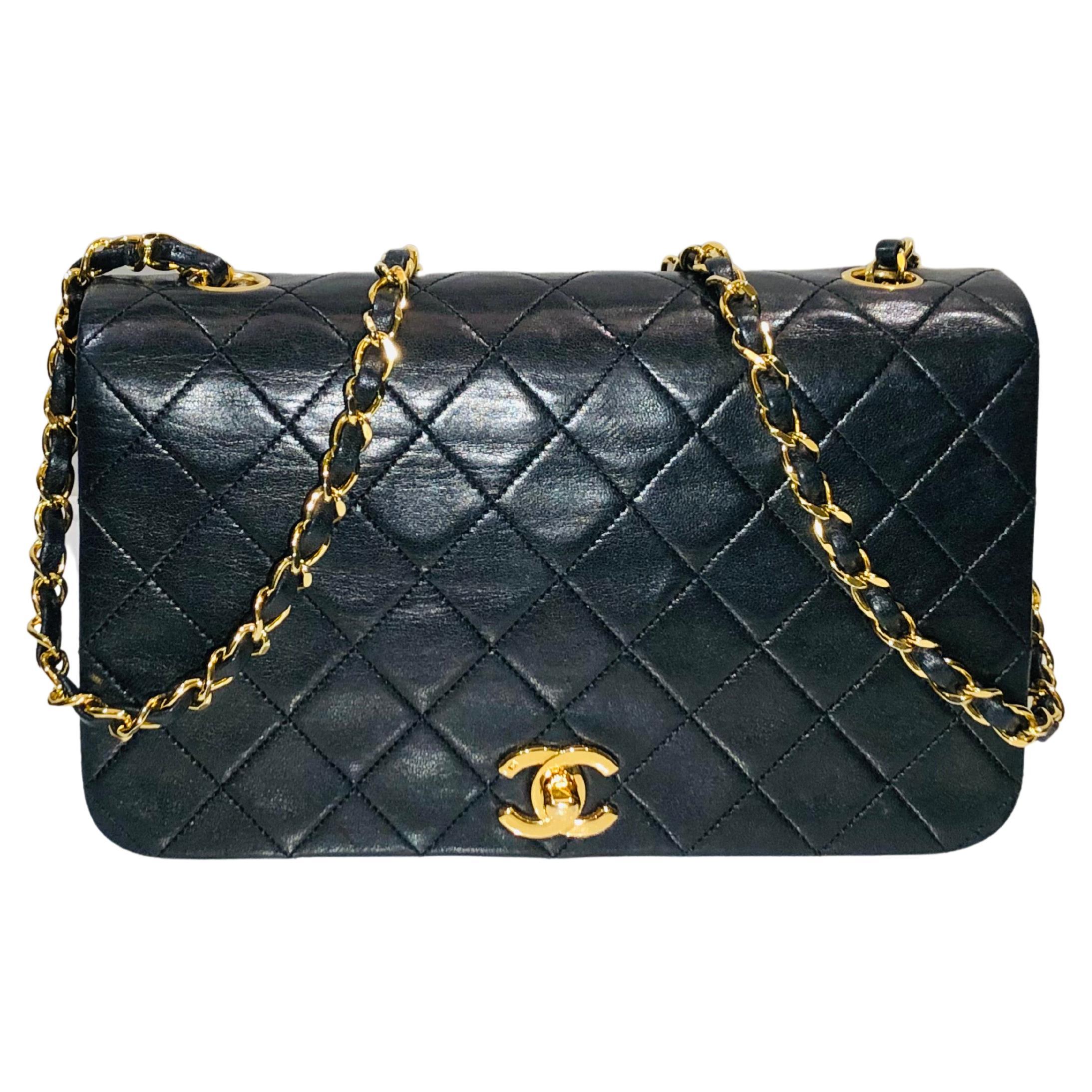 Vintage Chanel 23cm Black Quilted Lambskin “CC” Turnlock Full Flap Shoulder Bag 