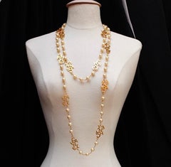 Vintage Chanel 24k Gold Plated Pearl & "C-h-a-n-e-l" Logo Charm Necklace Sautoir
