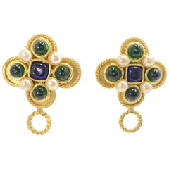 Vintage Chanel 25 Emerald & Sapphire Color Gripoix Glass & Faux Pearl Earrings