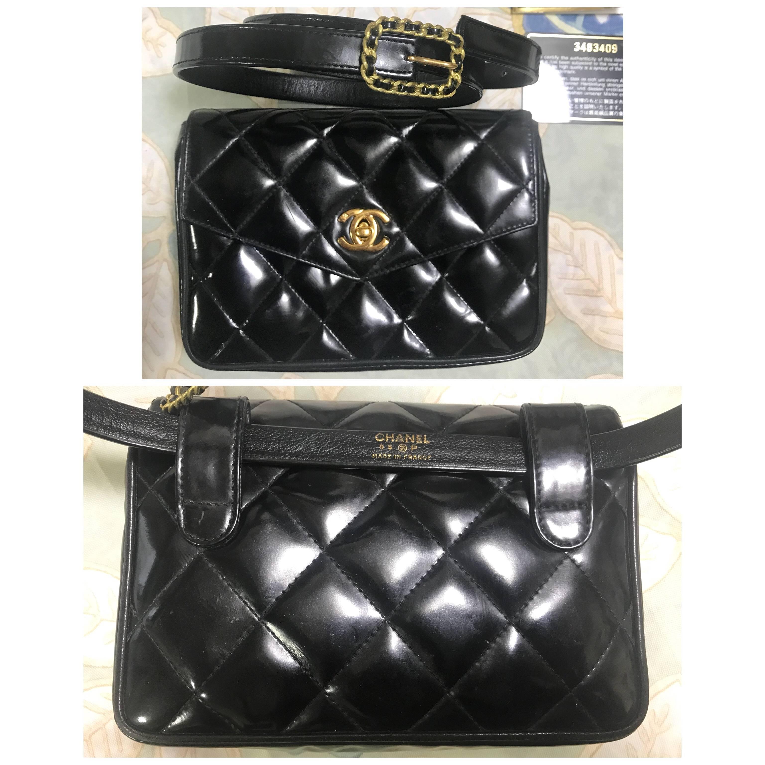 Black Chanel Vintage 2.55 black patent enamel fanny pack with chain buckle skinny belt