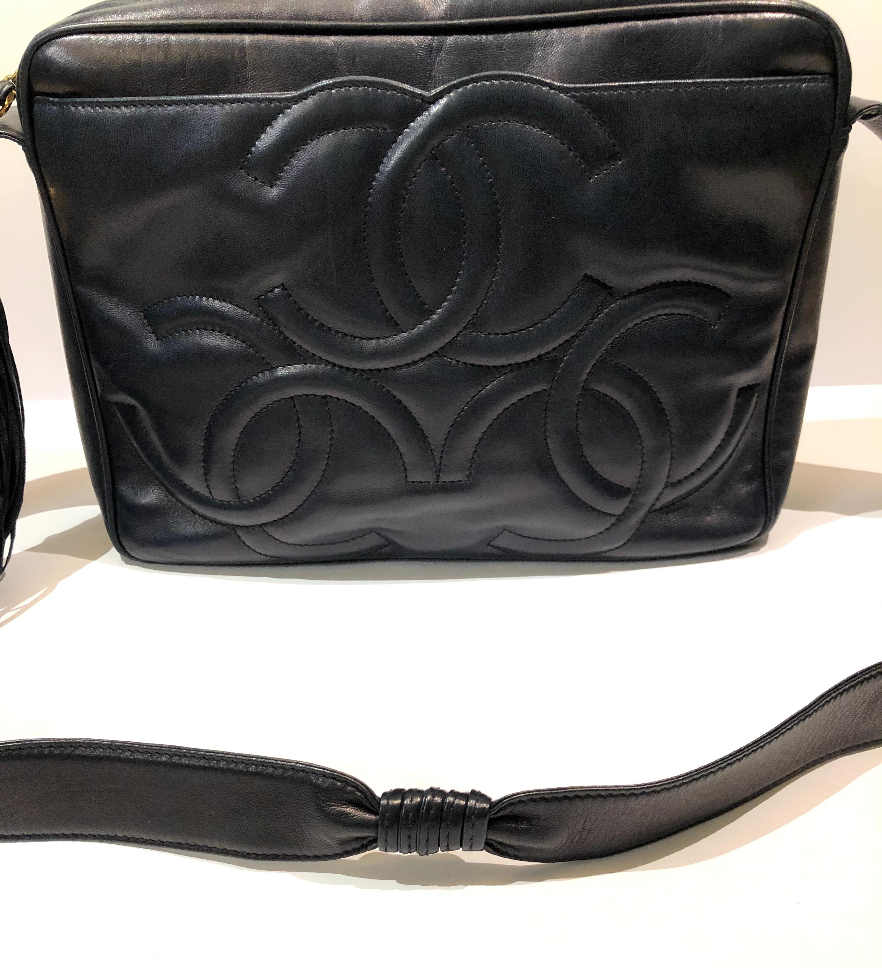 Chanel 28cm Navy Lambskin Triple CC Fringe Camera Shoulder Bag   For Sale 3