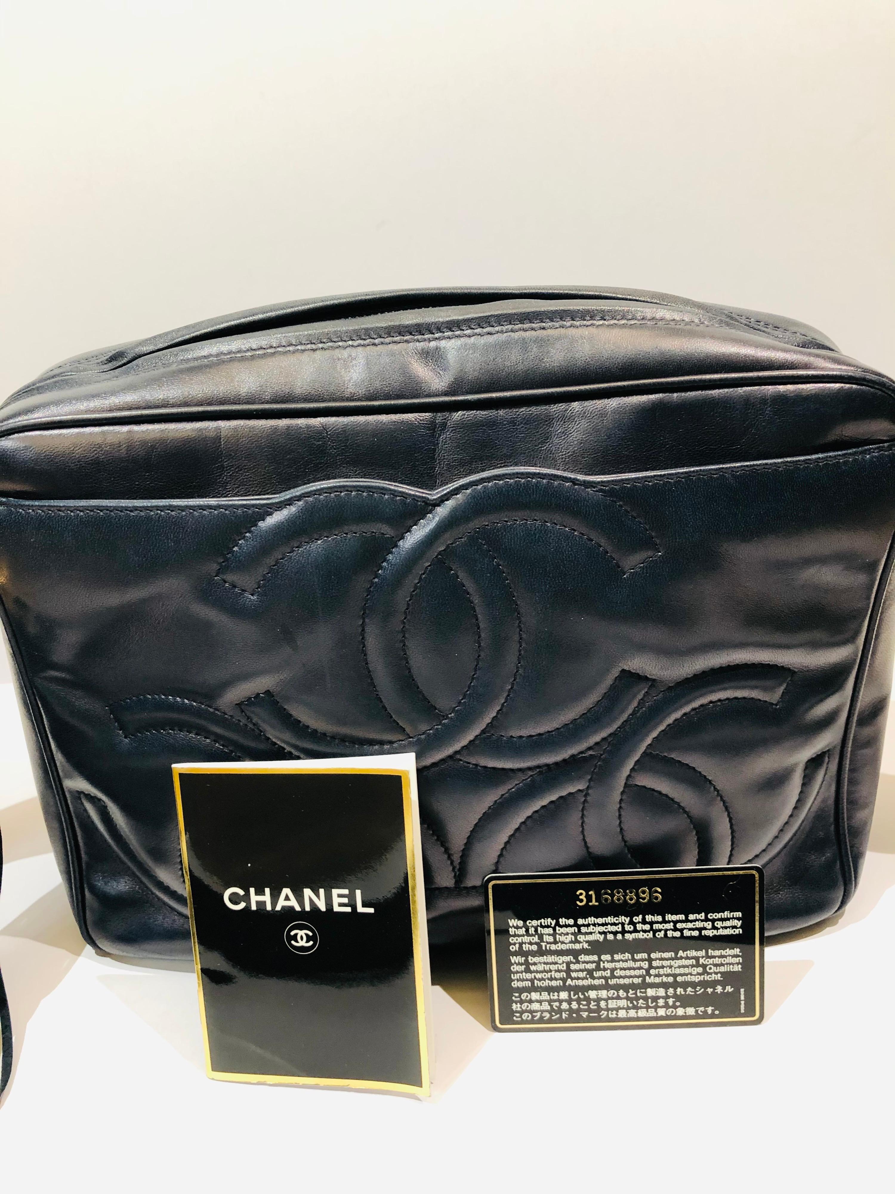 Chanel 28cm Navy Lambskin Triple CC Fringe Camera Shoulder Bag   For Sale 4
