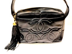 Chanel 28cm Navy Lambskin Triple CC Fringe Camera Shoulder Bag