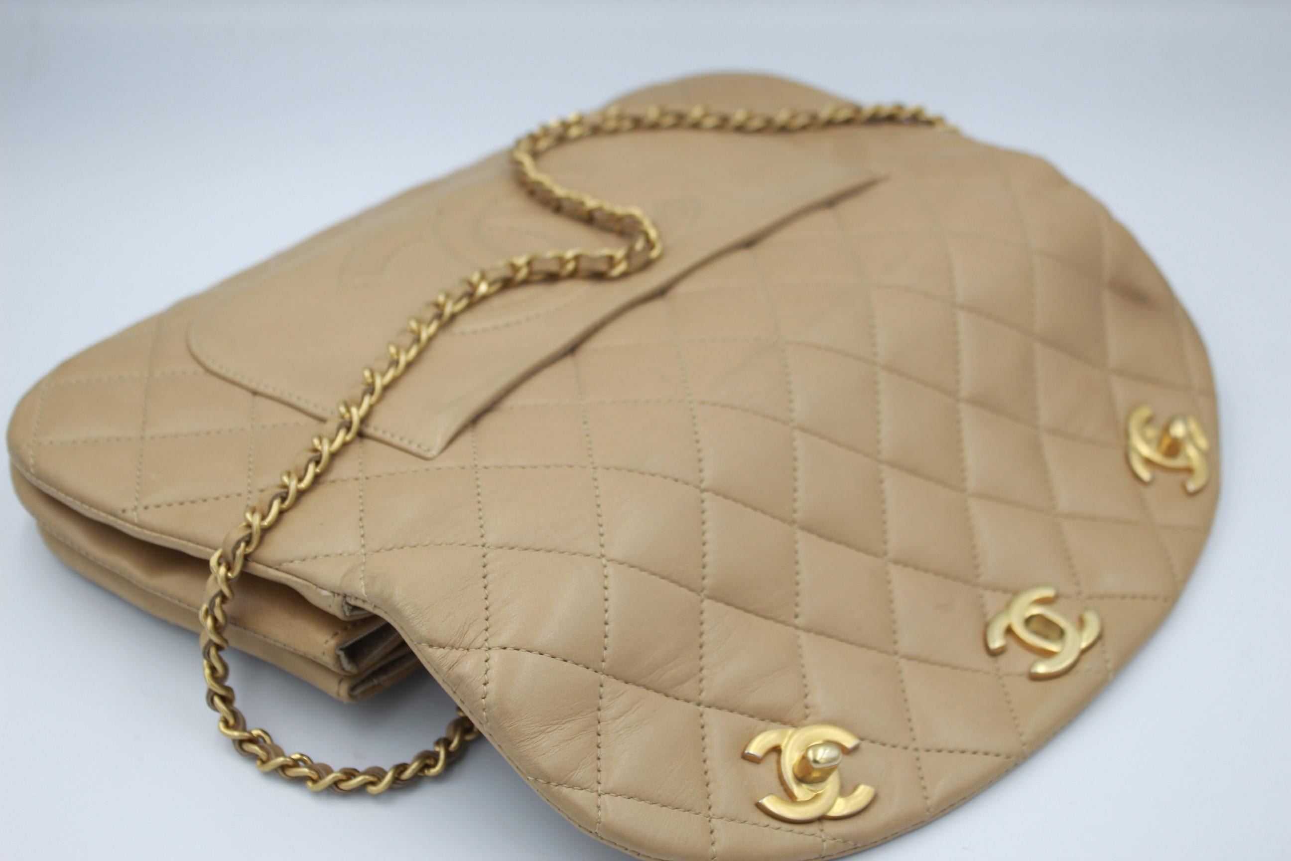 Vintage Chanel 3 Clasps Beige Lambskin Leather Shoulde Bag 1