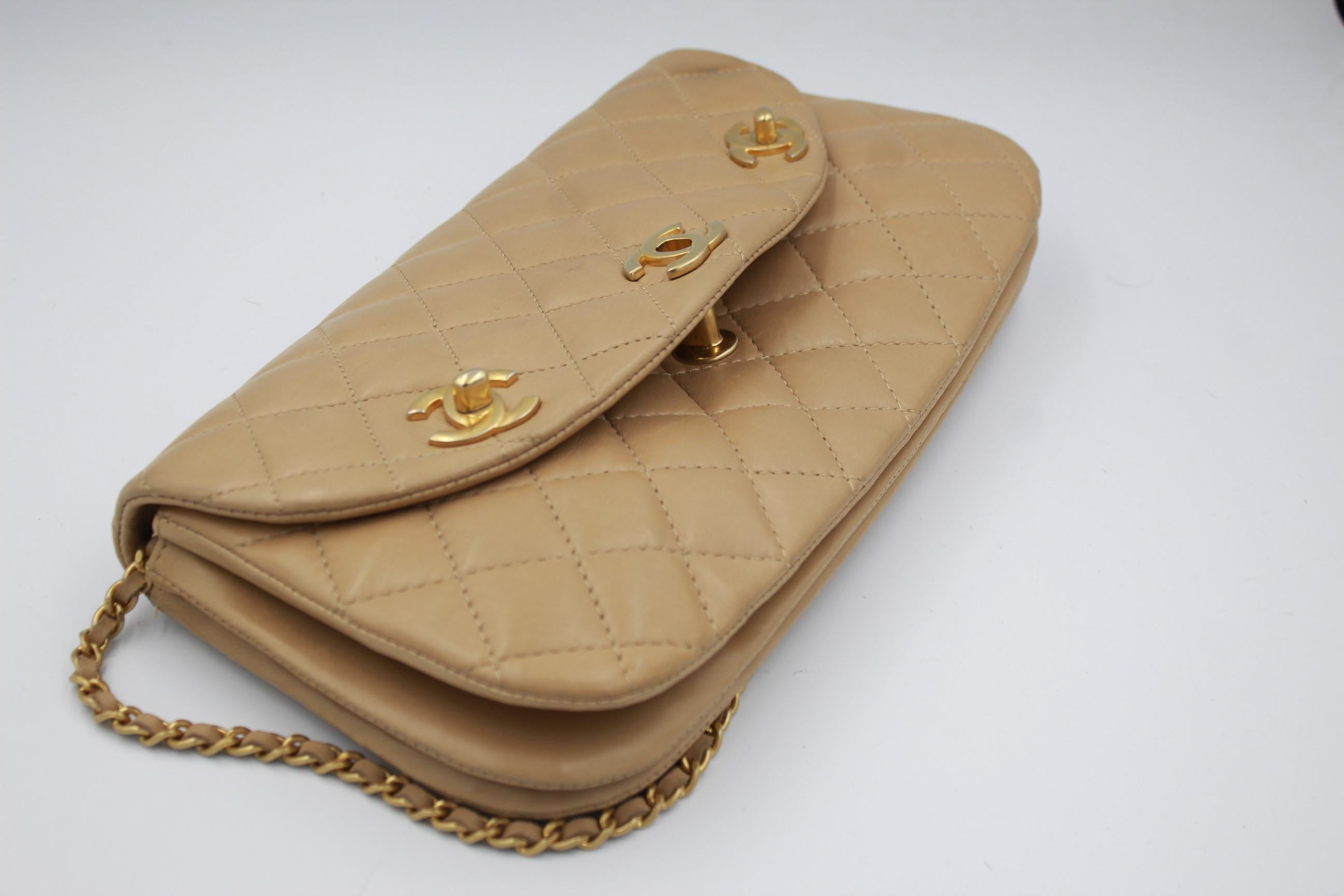 Vintage Chanel 3 Clasps Beige Lambskin Leather Shoulde Bag 4