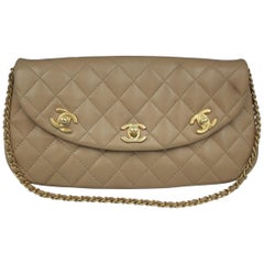 Vintage Chanel 3 Clasps Beige Lambskin Leather Shoulde Bag