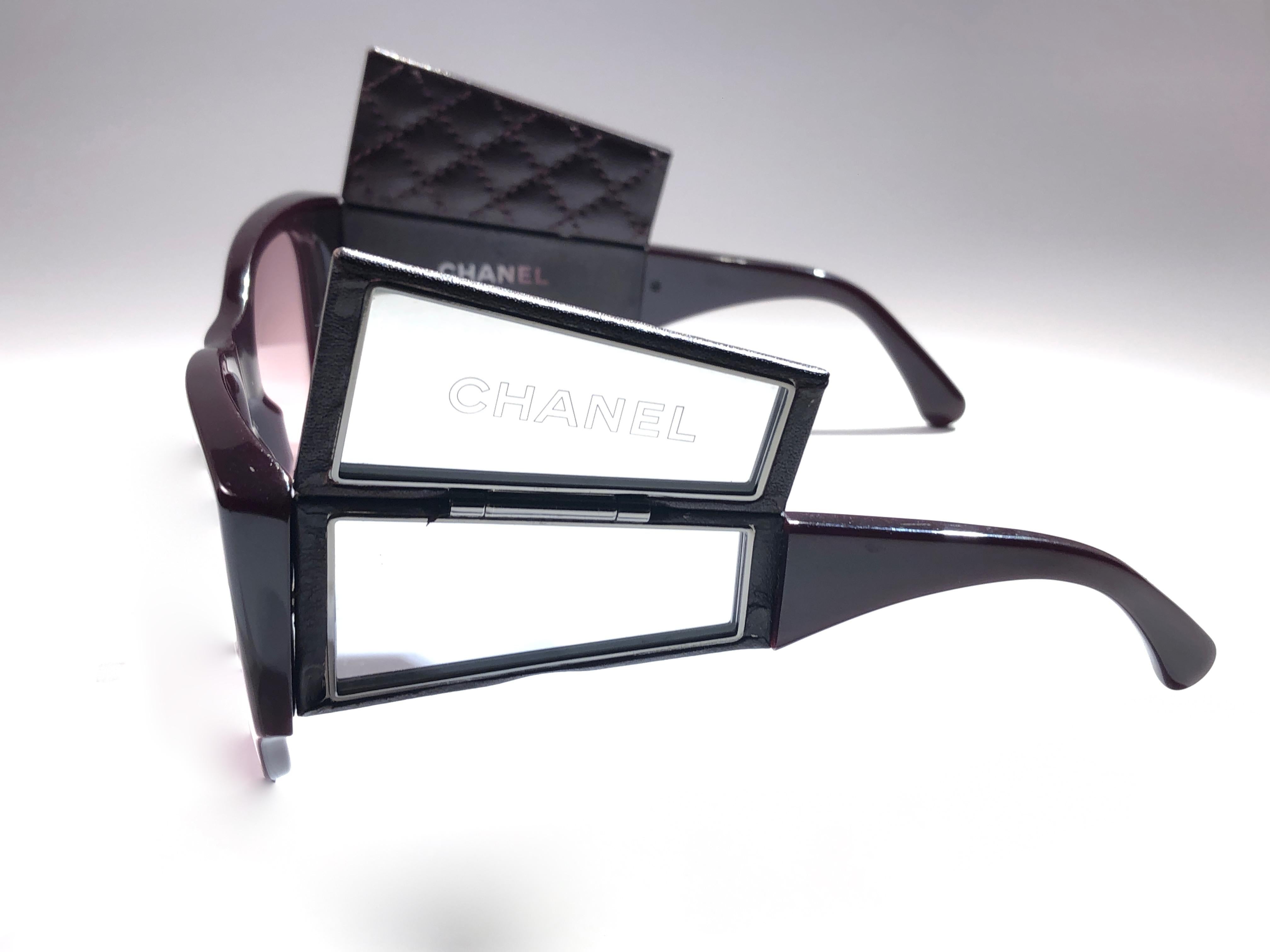 Gray Vintage Chanel 5202 Burgundy Hidden Mirror Quilted Sunglasses Made In France For Sale
