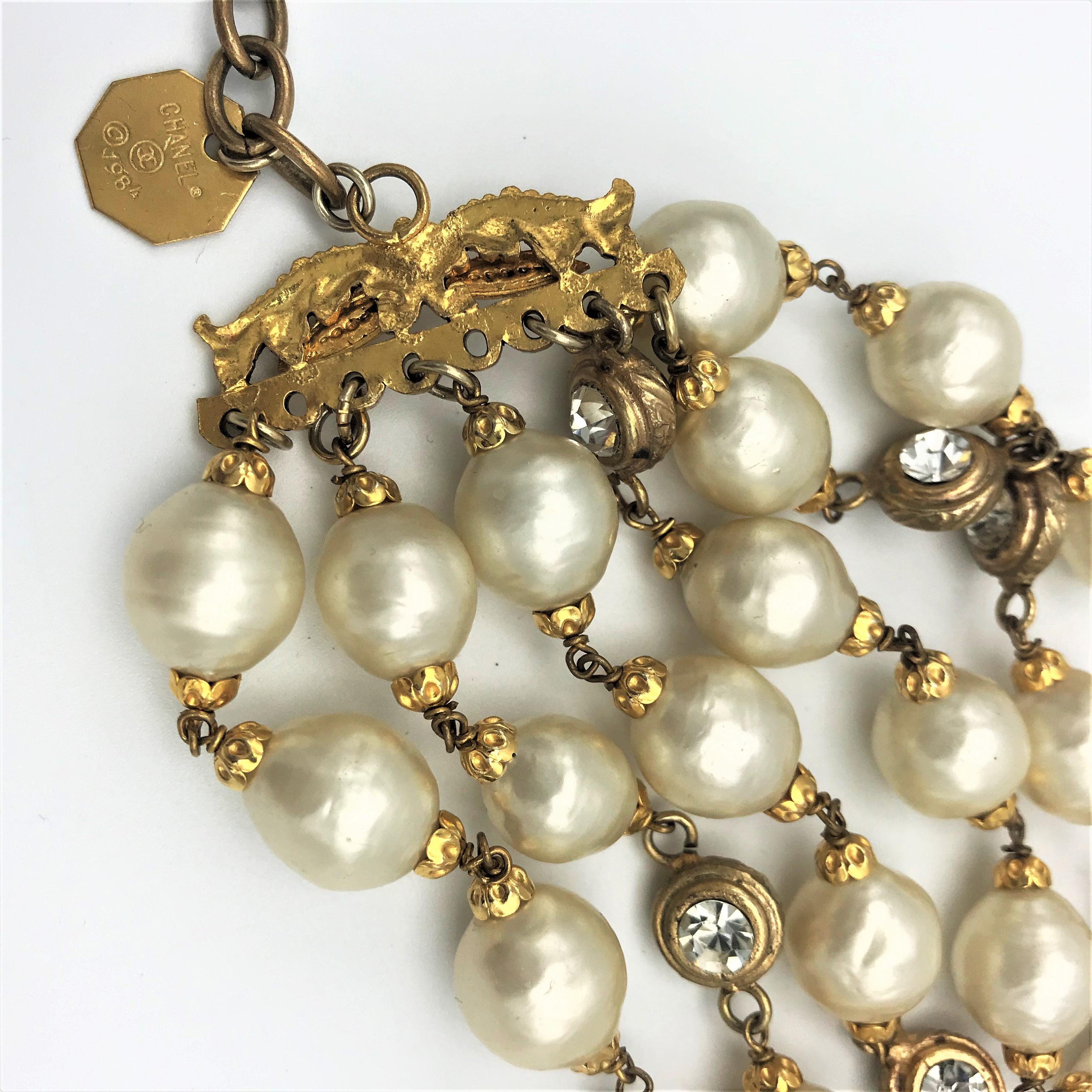 Baguette Cut Chanel 6-row pearl bracelet signed. 1984 gold plated For Sale