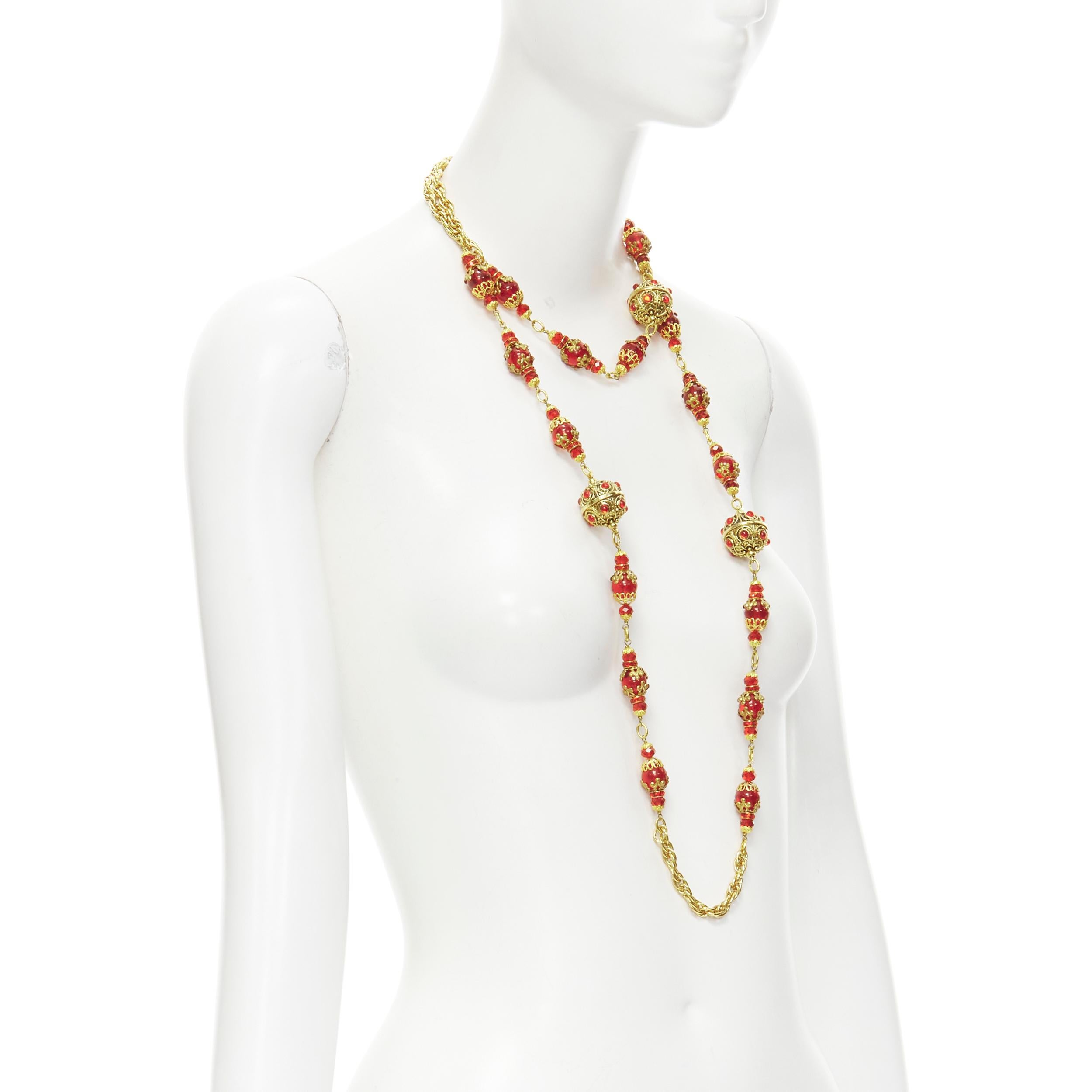 Beige vintage CHANEL 93P red Gripoix Byzantine ball gold-tone sautoir necklace rare