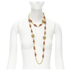 Vintage CHANEL 93P red Gripoix Byzantine ball gold-tone sautoir necklace rare