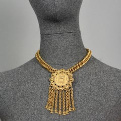 Vintage CHANEL Address Medallion Chain Fringe CC Logo Choker Necklace