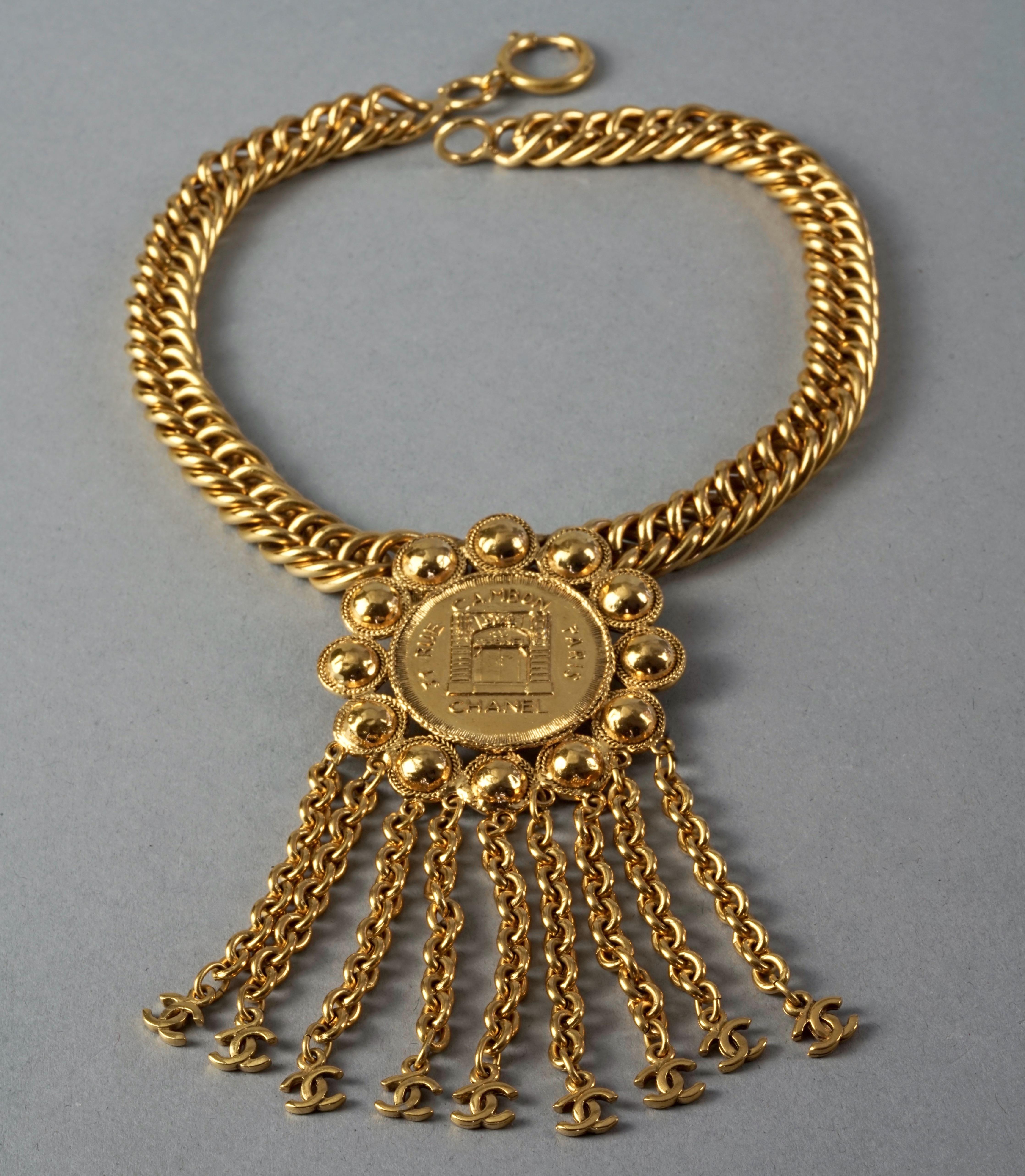 Women's Vintage CHANEL Address Medallion Chain Fringe CC Logo Choker Necklace For Sale