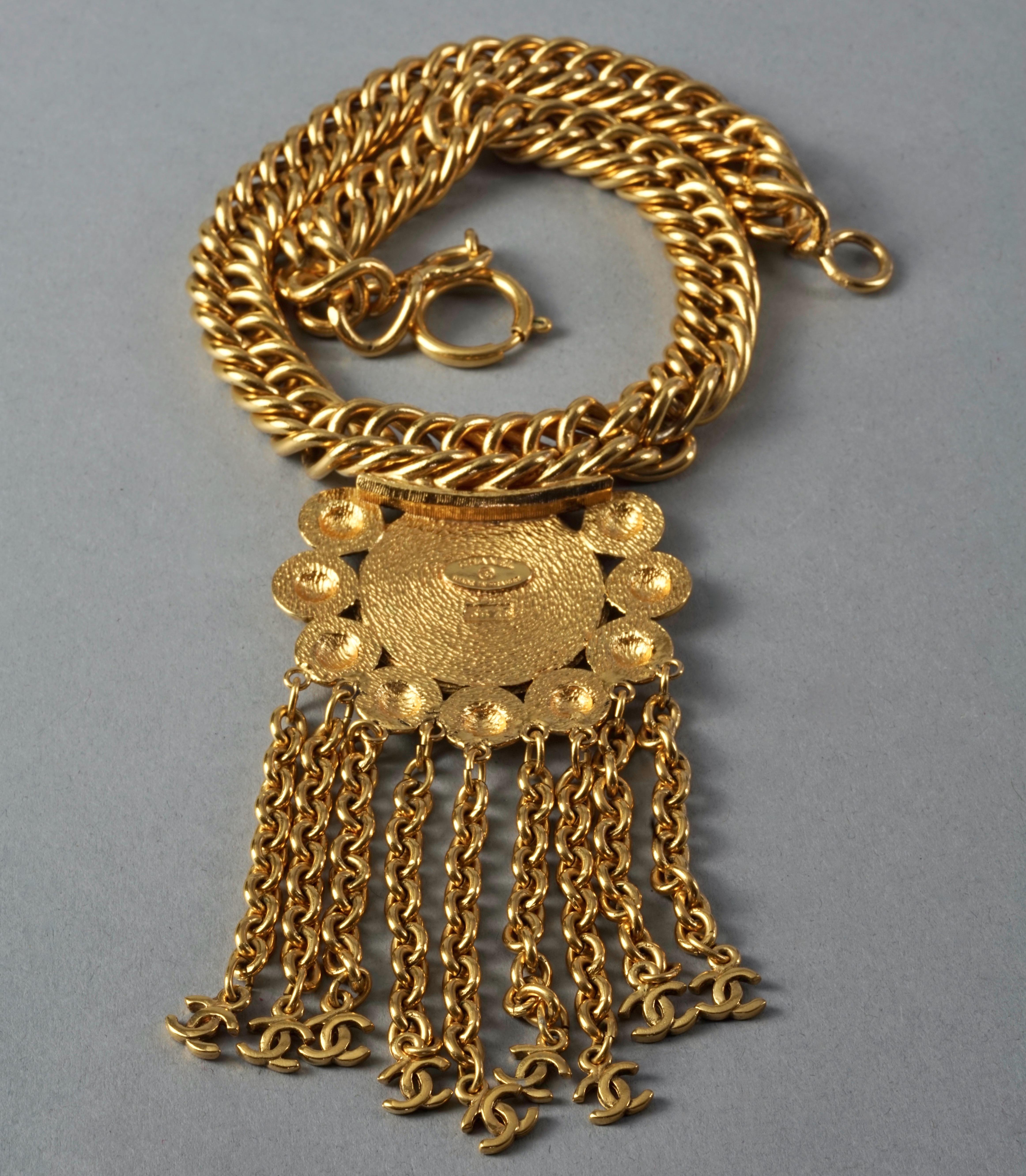 Vintage CHANEL Address Medallion Chain Fringe CC Logo Choker Necklace For Sale 4