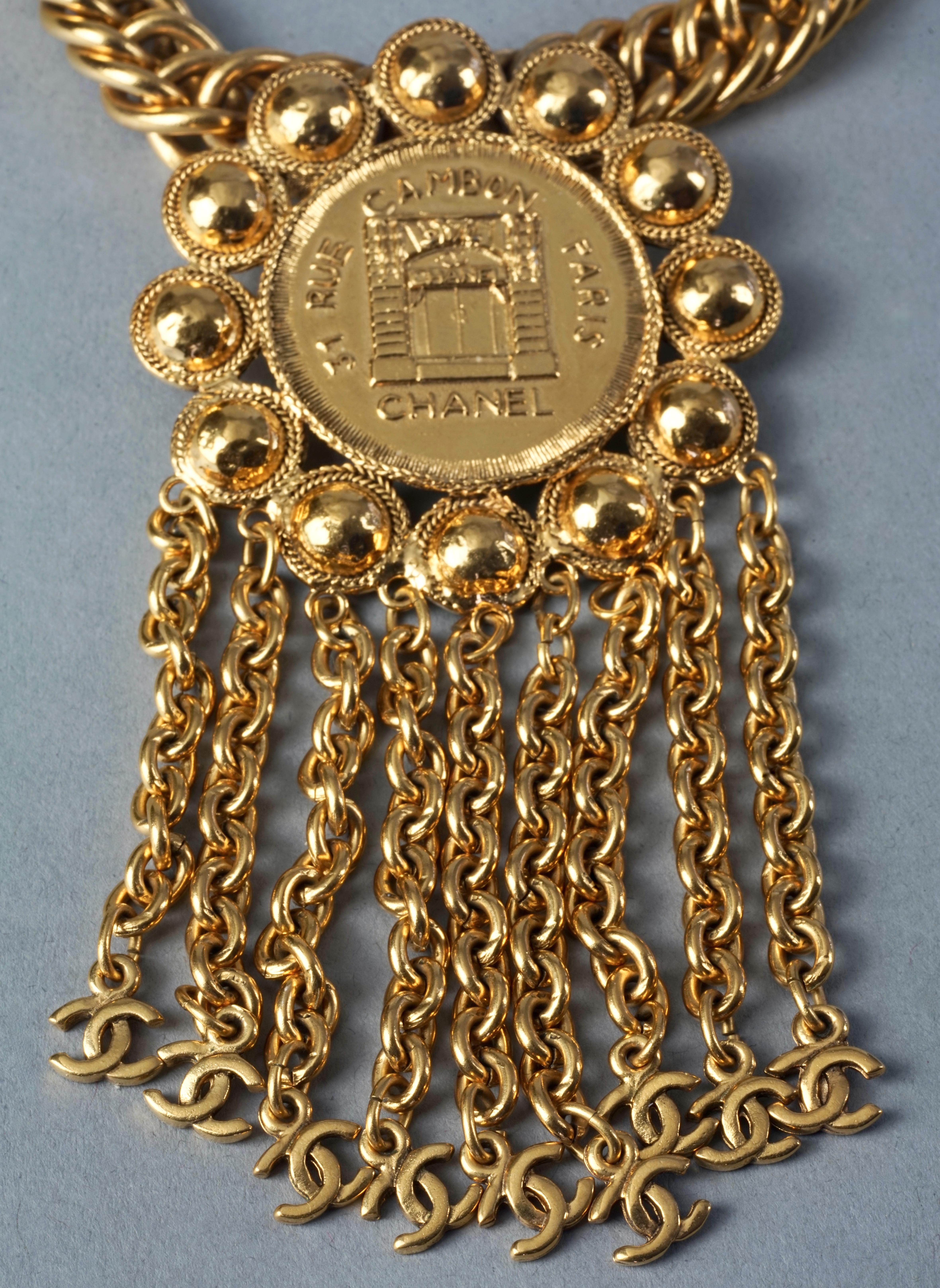 Vintage CHANEL Address Medallion Chain Fringe CC Logo Choker Necklace For Sale 2