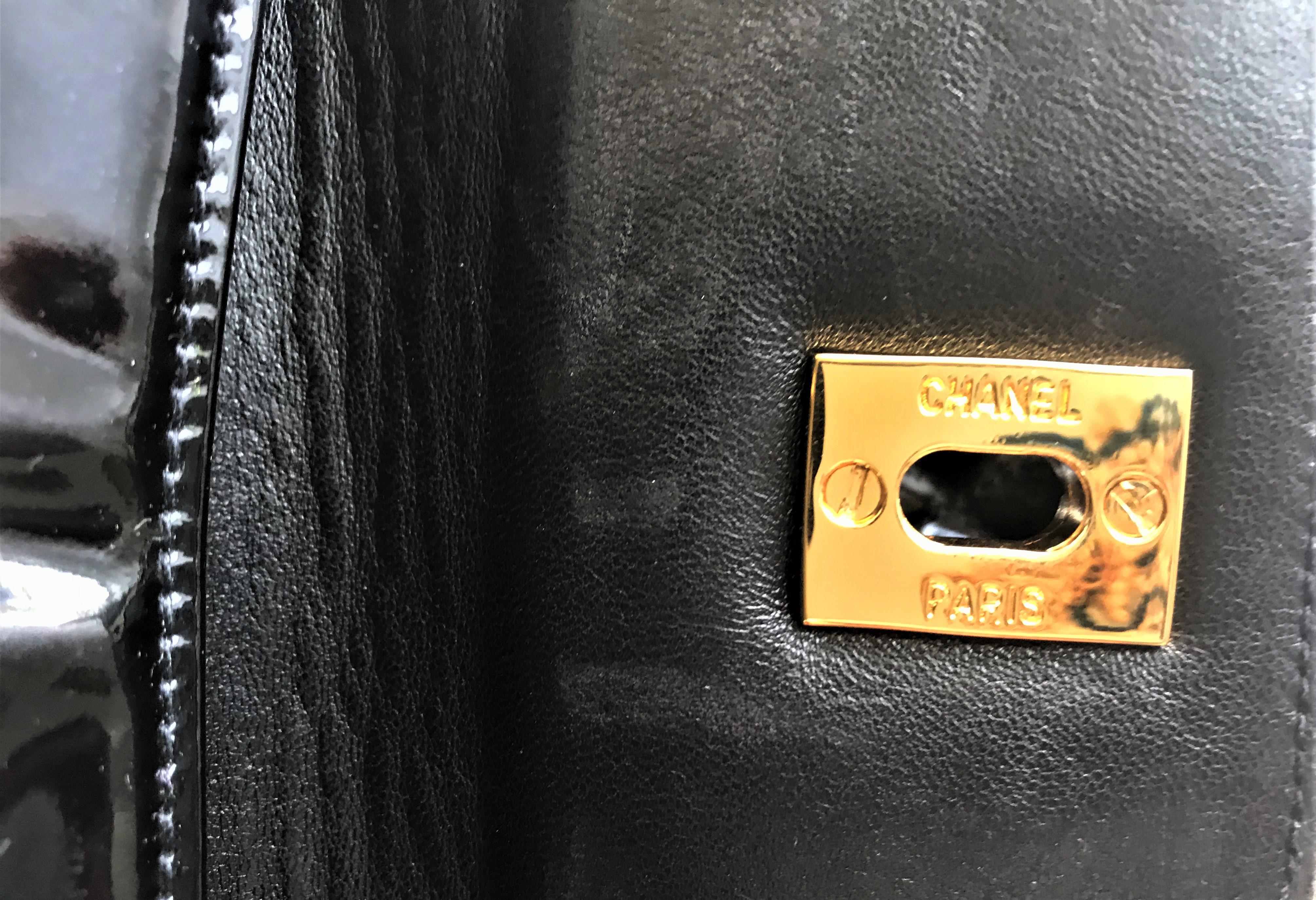 Vintage Chanel backpack black quiltet patent leather, 1990, Made in France For Sale 8
