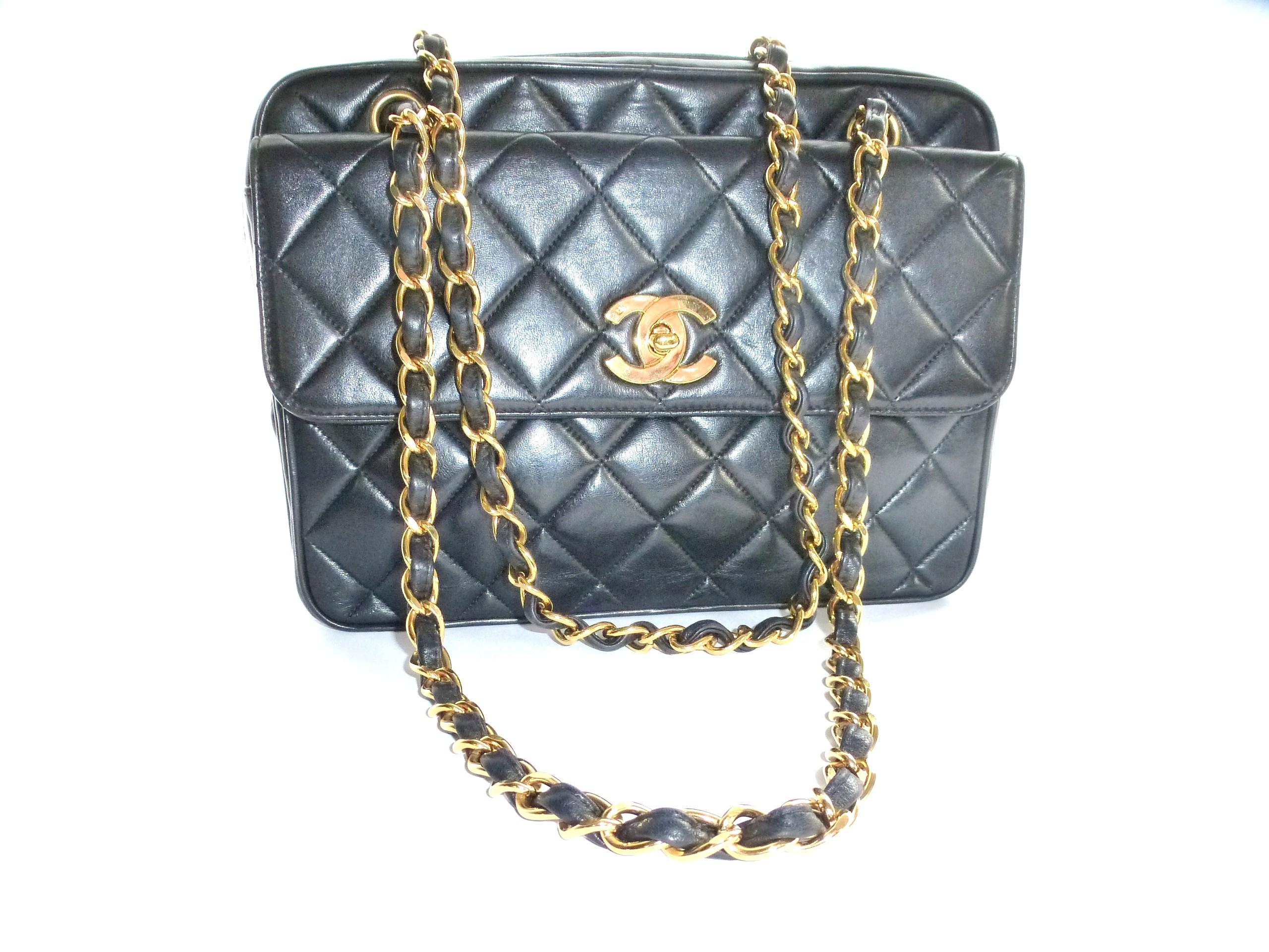 Vintage Chanel shoulder bag black quilted lambskin, 2 handle chains, 1995s 6