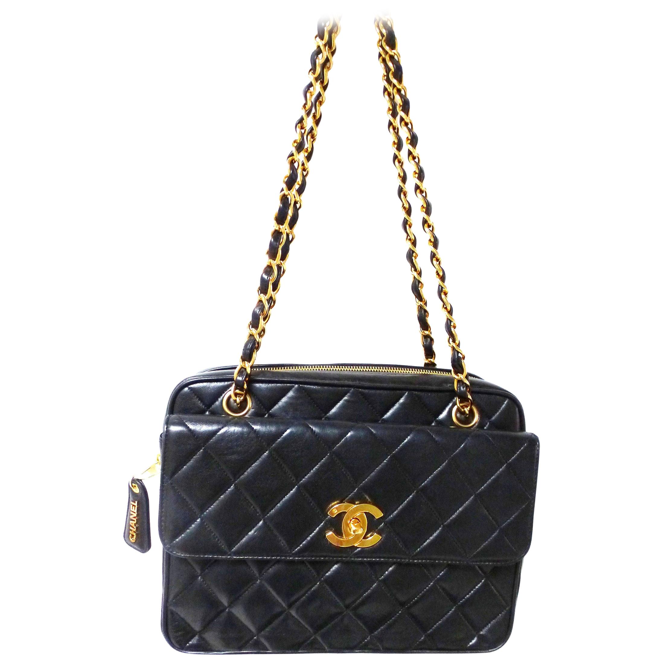 Vintage Chanel shoulder bag black quilted lambskin, 2 handle chains, 1995s