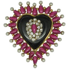 Vintage Chanel bakelite black heart pink Glass Brooch