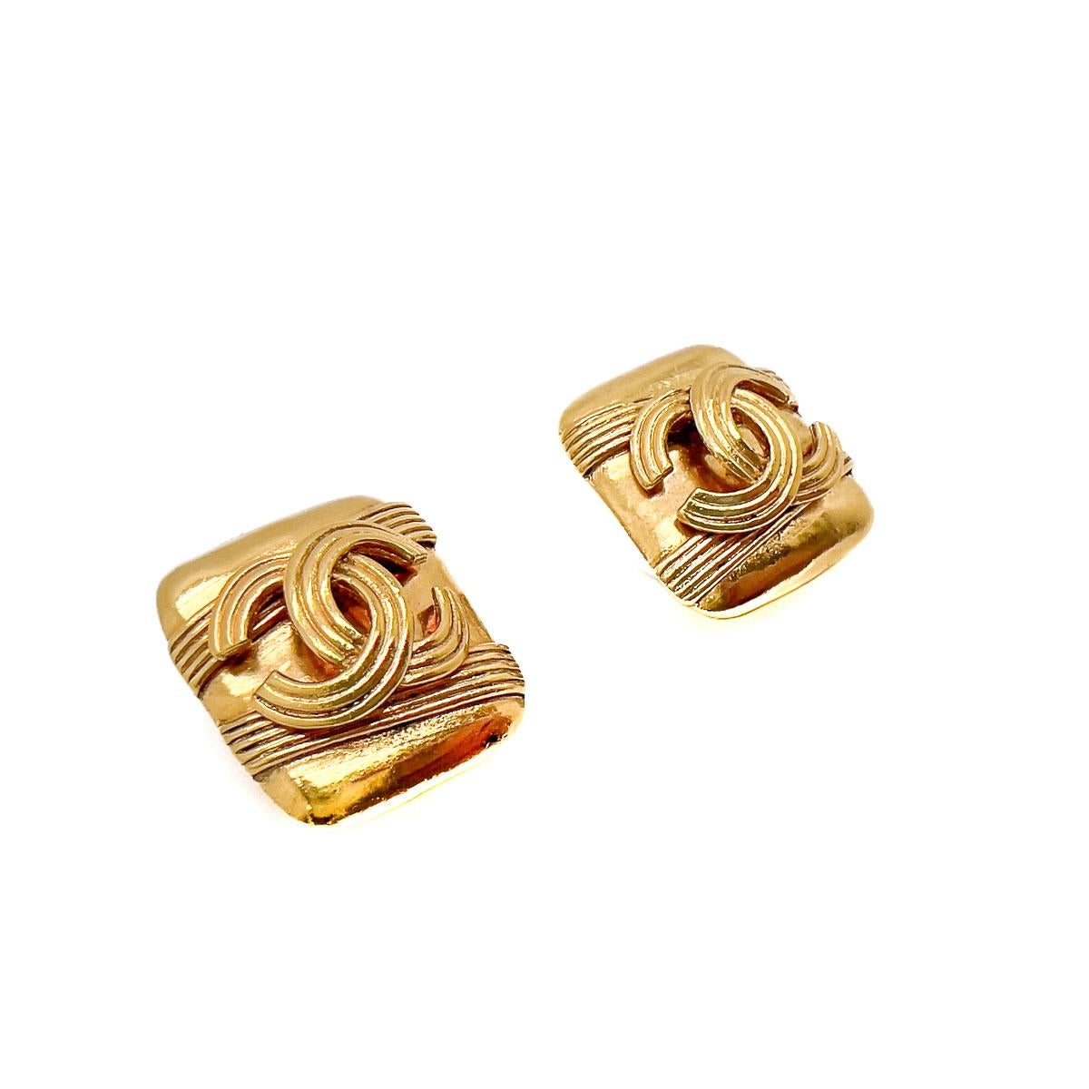 A pair of truly iconic Vintage Chanel Square Logo Earrings. Here we have Chanel and the 1990s in an earring.  
An earring created during Victoire de Castellane's time at the helm of costume jewellery design; beginning her exceptional fourteen-year